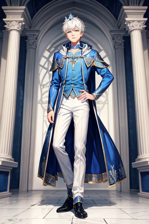 Jack Frost, 18 year old boy wearing blue medieval prince costumes with white snowflake prints, pantalones blancos, zapatos negros, botas azules, pelo blanco, crown of prince, fondo de la sala del trono