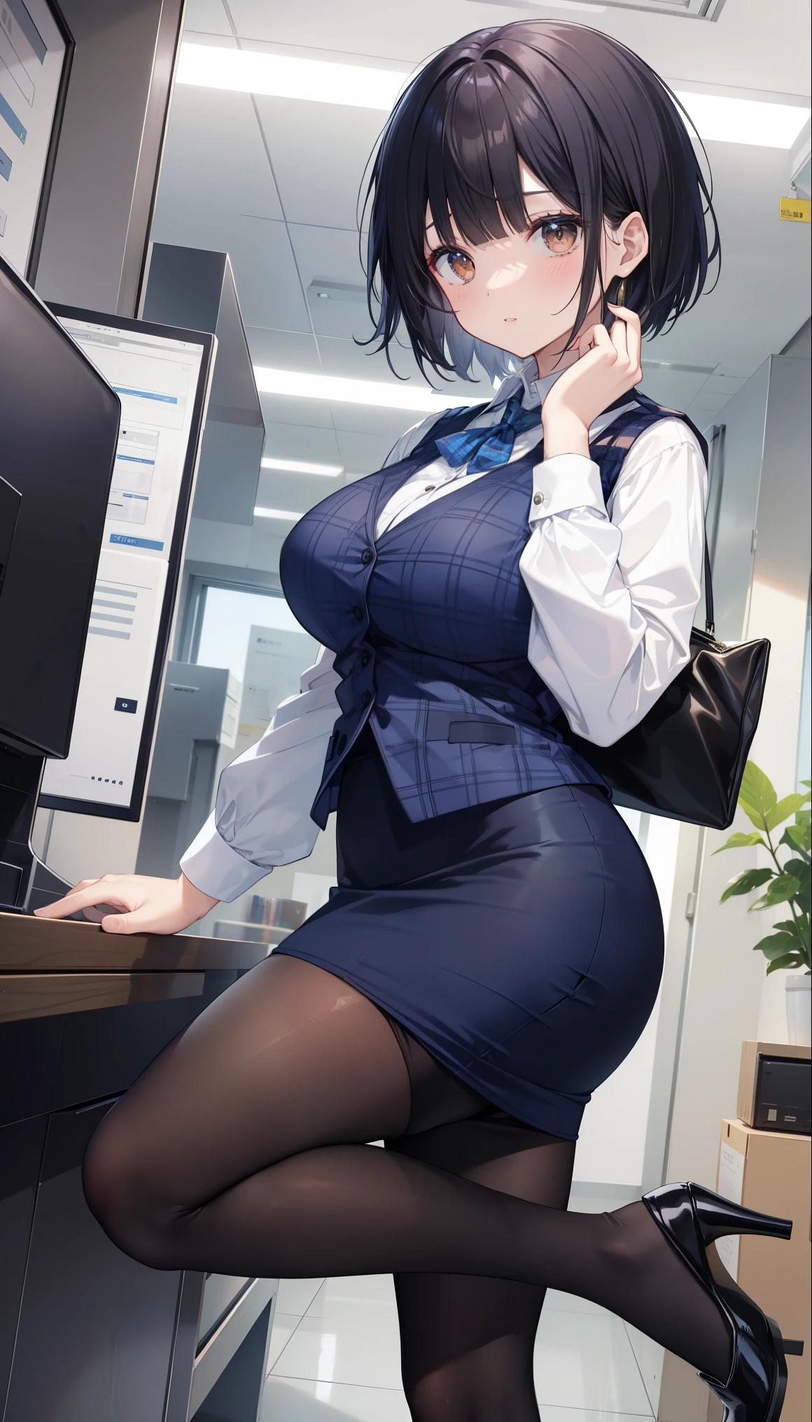 highest quality, Flying debris、Beautiful woman、officeレディー、Black Hair、(Brown eyes、Big Breasts、Blunt bangs)、short hair、チェック柄のダークブルーのofficeスーツ)、new employee,Full Body Shot、Female office lady、break(Dark blue checked vest、White dress shirt、Navy blue long tight pencil skirt:1.2)、(black tights、High heels)、break(office:1.3)