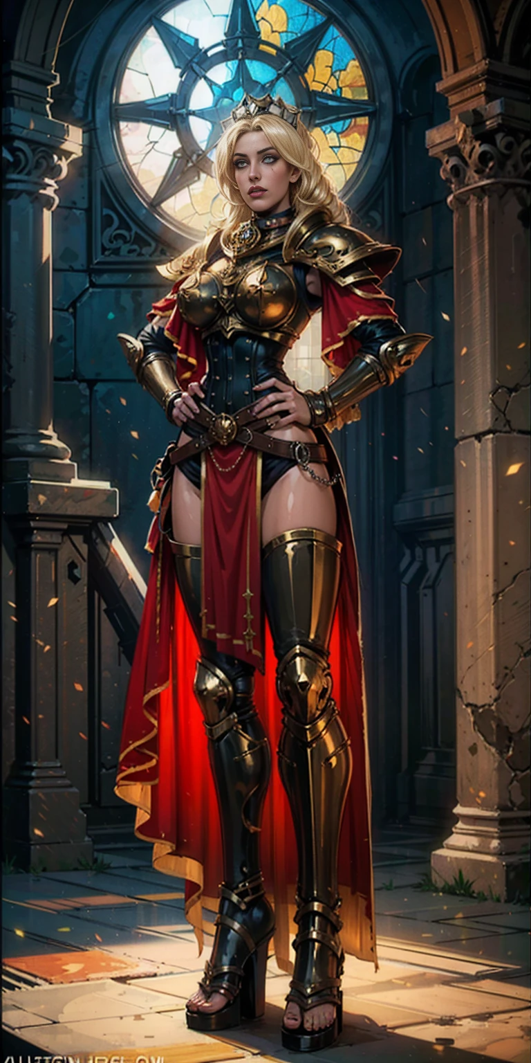 paladin lady in ornate golden armor, black collar, pauldrons, breastplate, corset, glowing halo, single braid, blonde, yellow glowing eyes, bright pupils, eye focus, red cape, temple indoors, stained glass windows, night, moonlight, particles, light beam, chromatic aberration, (full body, whole body. 1solo (girl). slave fighter, loincloth standing, hands on hips full body, whole body. 1solo (girl). slave fighter, loincloth standing, hands on hips, metal sandals, backpack, choker, big belt, view from below, feet together, bracers, tiara)