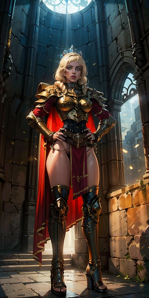 paladin lady in ornate golden armor, black collar, pauldrons, breastplate, corset, glowing halo, single braid, blonde, yellow glowing eyes, bright pupils, eye focus, red cape, temple indoors, stained glass windows, night, moonlight, particles, light beam, chromatic aberration, (full body, whole body. 1solo (girl). slave fighter, loincloth standing, hands on hips full body, whole body. 1solo (girl). slave fighter, loincloth standing, hands on hips, metal sandals, backpack, choker, big belt, view from below, feet together, bracers, tiara)