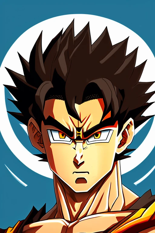 (Boy), (16-year-old teenager), (young man), (light brown skin color), (with bright eye iris with a white tone and four triangular tomoe on the four sides of the iris, with bright blue and white details, and a circular red background to the eye's pupil, featuring a small black circle in the center), (average physical height for a teenager), (short, curly black hair in the style of Afro-Brazilian), (transforming into a Super Saiyan level 1).