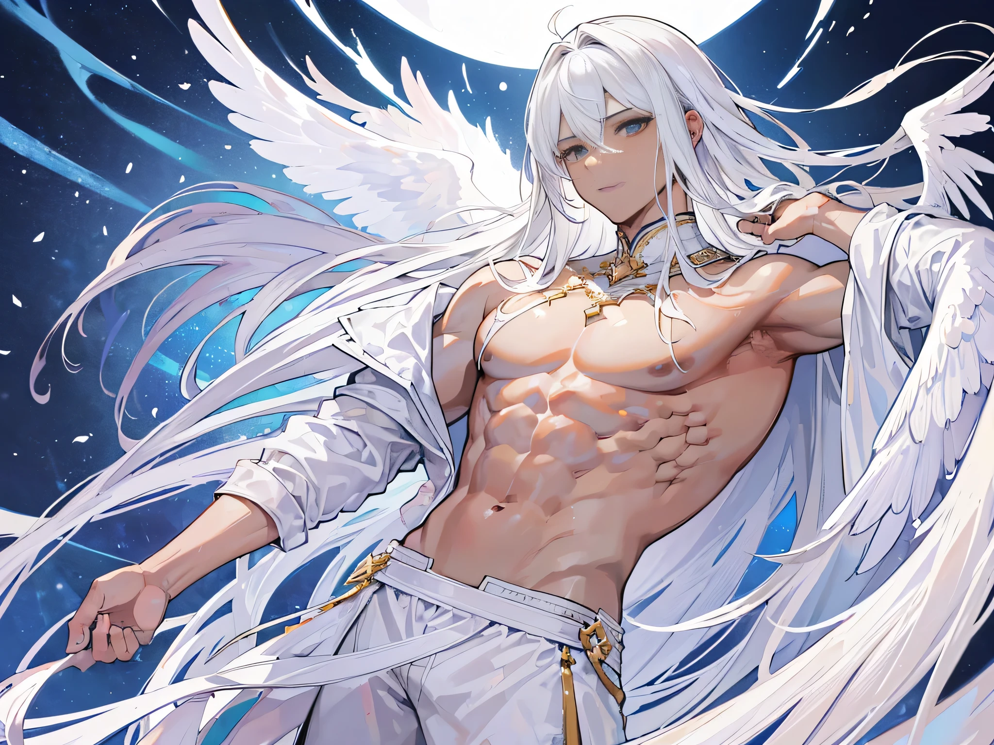 ((Masterpiece, Highest quality)), Male, boy, Detailed face, character design sheet， full bodyesbian, Full of details, frontal body view, back body view, Highly detailed, Depth, Many parts, angel wings, dark skin, white long hair, angel outfit, Muscle boy with white hair，handsome man, male angel , man tall, abs, pectoral muscle