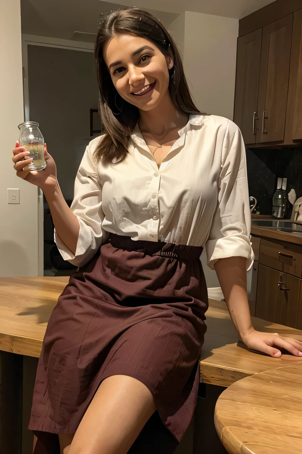 a smiling mom in a modest dress sitting on a table or leaning holding a bottle of coke, foto real