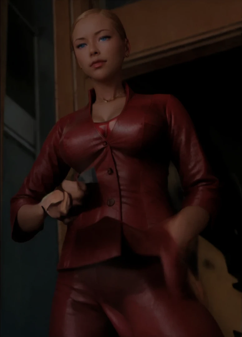 T3RMKL0K, blue eyed, medium to large breast size, perked cleavage, cleavage, red outfit, gold necklace