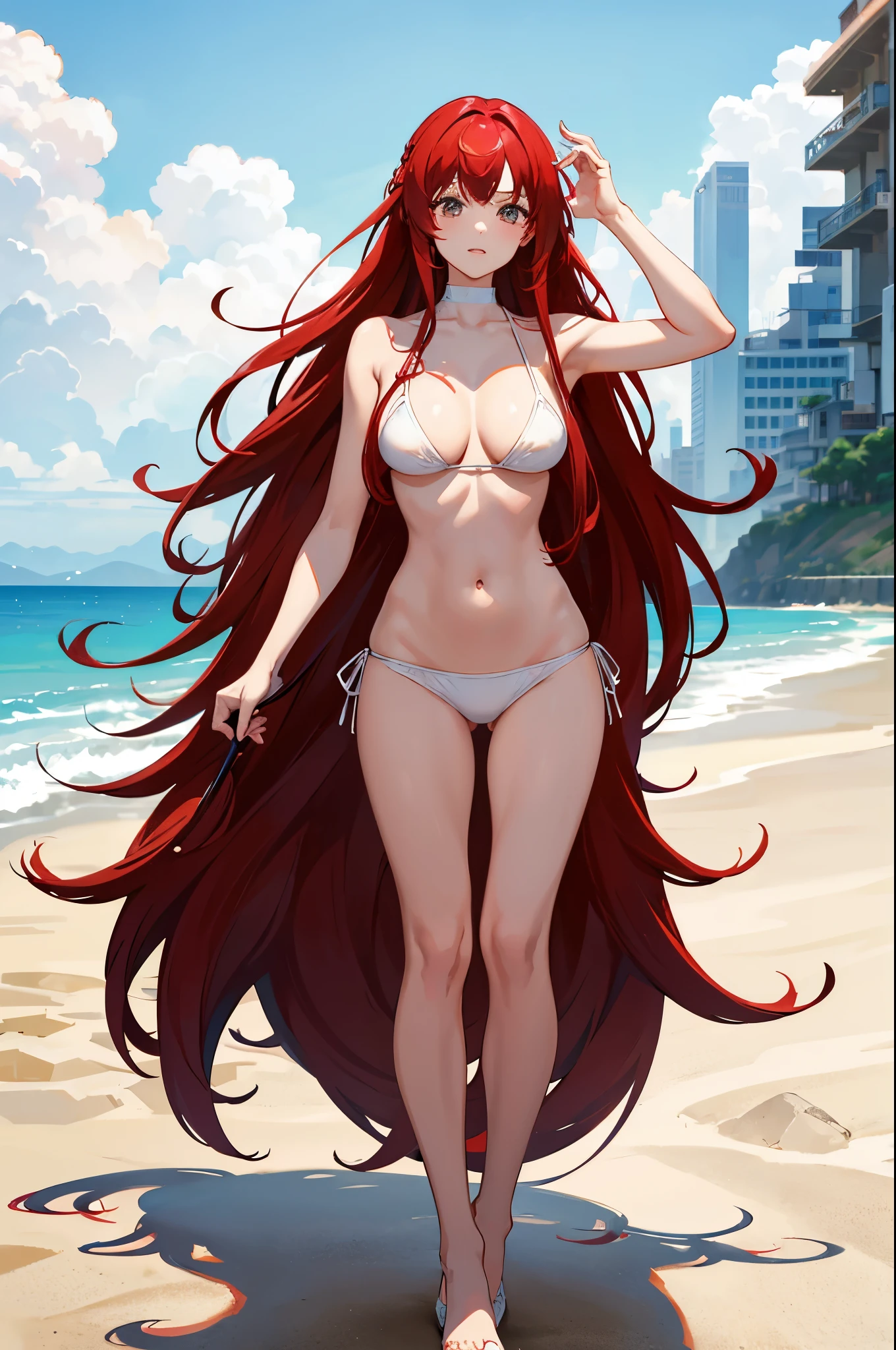 1woman, red hair, long hair, white bikini, standing on ground, high res, ultra sharp, 8K, masterpiece
