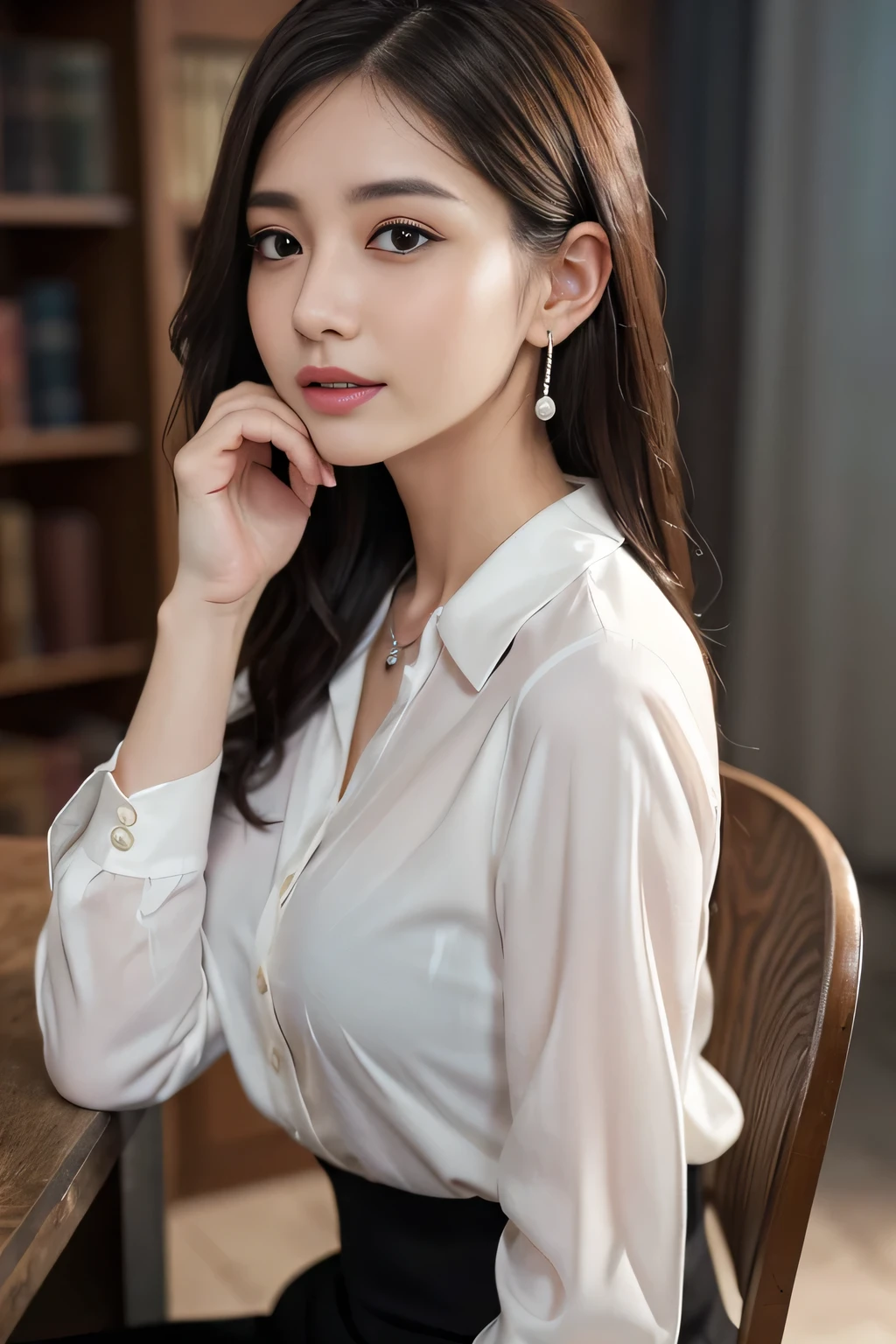 Buttons that match the length of the shirt:1.2)、(Rain-soaked white shirt)、(Unbuttoned shirt:1.1)、、Shallow Valley、highest quality、masterpiece、Awareness-raising、Very delicate and beautiful、Very detailed、Hmph、Unity、8k wallpaper、Amazing、In detail、HVery detailed ticker Unity 8K wallpapers、Large file size、Very detailed、High resolution、Handsome detailed woman、Very detailed目と顔、 Stunning eye for detail、Facial Light、(The best Awareness-raisingns:1.1)、(Best Shadow:1.1)、超A high resolution、(Photorealistic:1.1)、(Photorealistic 1.2:1.1)、Realistic Face Proportions、Slime-ified、Laughter、(compensate:0.4)、(Fluffy black eyes:1.21)、Iris、Look at the viewers、Dark brown hair、Earrings、necklace、hairpin、Cowboy Shot、(Irregular skin imperfections、vein、Wrinkled pores on skin:1.2)、(Dark Night Background: 1.2)、(Bokeh Depth of Field:1.4)、at the library、I have a pen、No bra、Sitting in a chair、