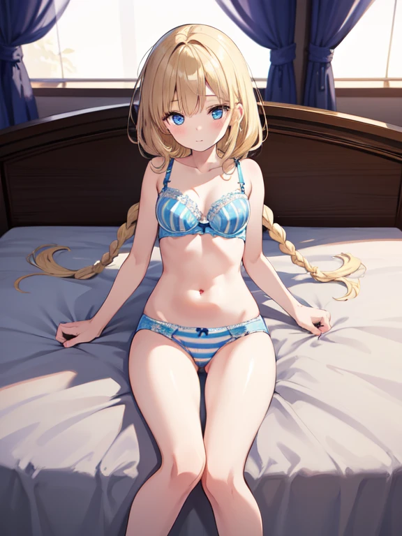 masterpiece, highest quality, Very detailed, 16k, Ultra-high resolution、One 6-year-old girl, Detailed face、Perfect Fingers, blue eyes, Blonde, Braid, striped blue panties, Striped blue bra, Classical Western-style room, bed, Lie on your back