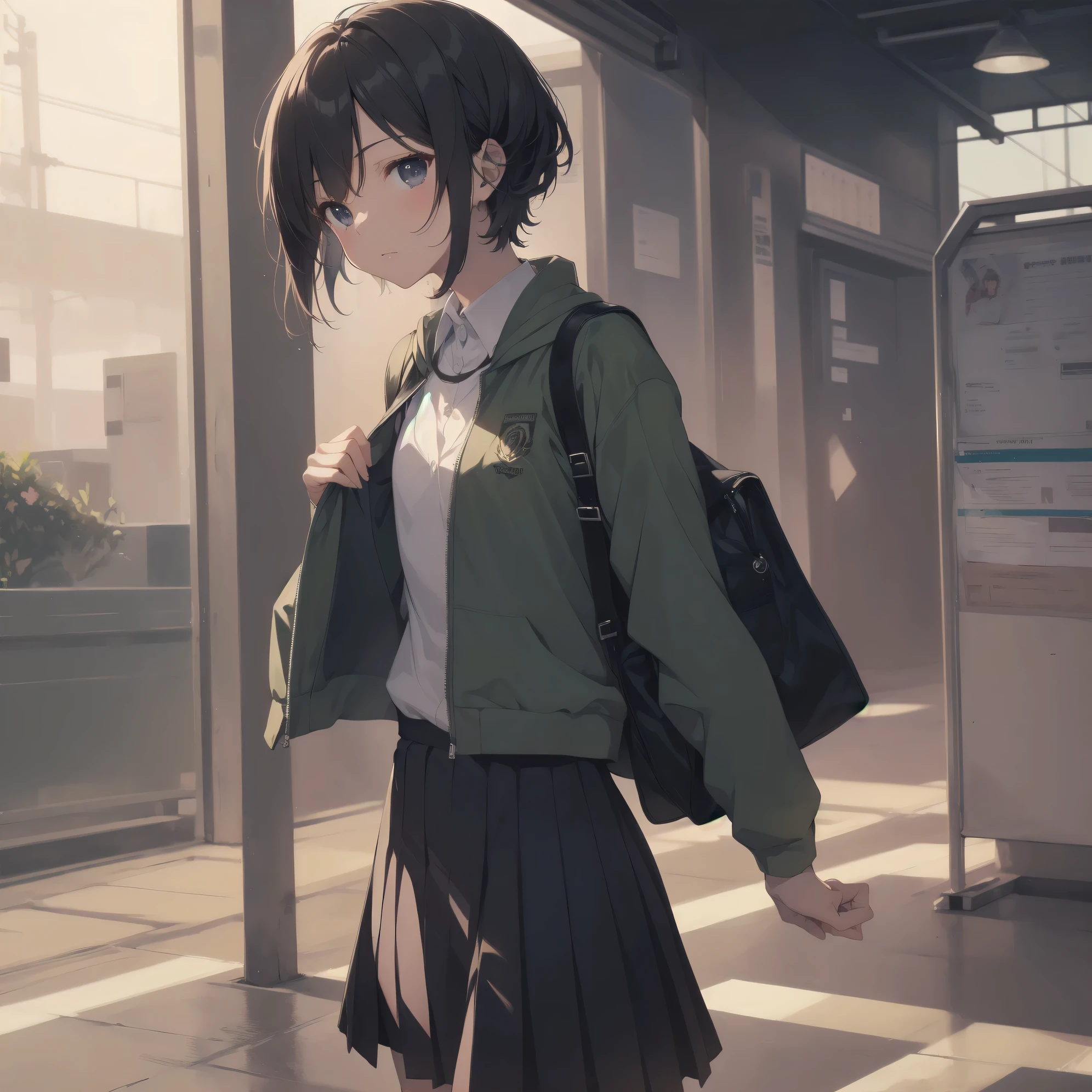 ultra-absurdres-Top quality by artist God, ultra-detailed, high resolution, anime moe artstyle, best anime 8k konachan wallpaper, pixiv contest winner, pool:2810, perfect anatomy,break, 1girl, (Please draw a girl walking sleepily to school alone. )break,(Solo,little female, 13-year-old:1.3),Full limbs, complete fingers,a junior high school student, (very short hair), short cut, flat chest, , small butt, small black eyes, beautiful detailed eyes, well-proportioned iris and pupils, expressive eyes, highres detailed hair, soft expression, salor school_uniform, sailor collar, serahuku, bow, pleated skirt,(Detailed Lighting), (Detailed background), in the School commute route. break,super detailed skin, Best cinematic lighting powered by famous artist, 8k,beauty illustration,photoshop_(medium),very aesthetic,break,((artist:kani biimu )), artist:clamp ,artist:carnelian ,artist:kantoku ,
