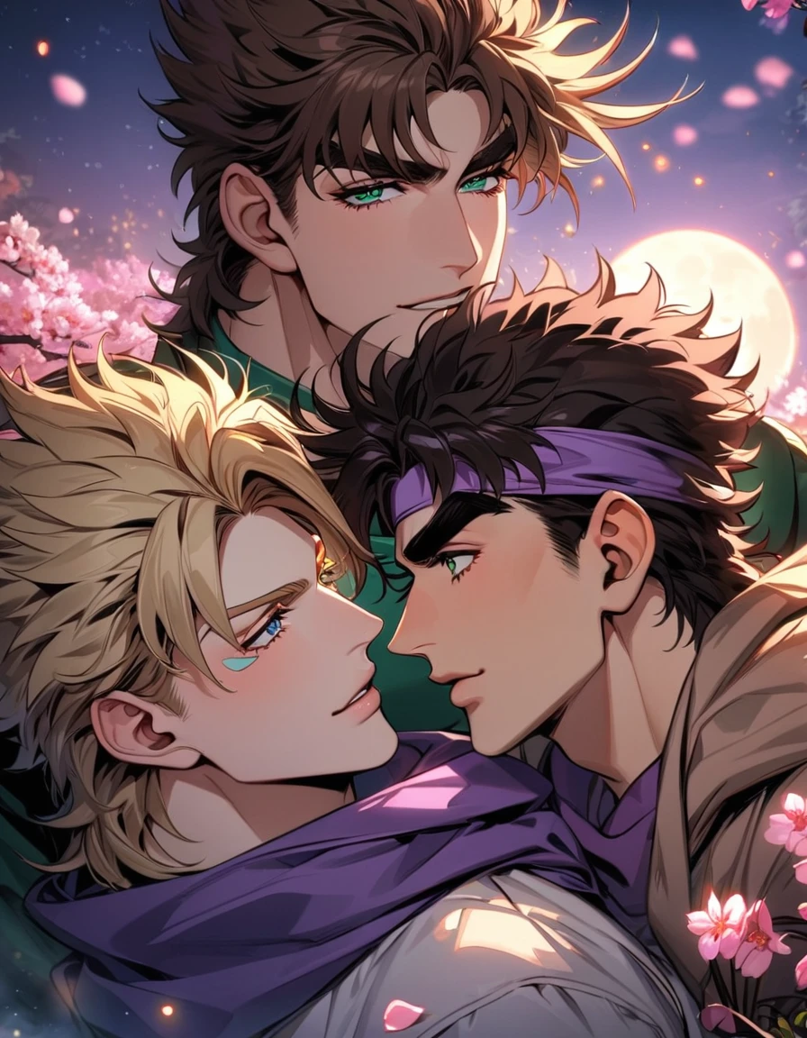 absurdres, highres, ultra detailed, HDR, master piece, best quality, Joseph Joestar, brown hair, expressive blue eyes, jojo's bizarre adventure, Caesar Anthonio Zeppeli, blonde hair, expressive green eyes, purple headband, purple scarf, two men together, gay couple, handsome, moon, fireflies, blossoms, spring, pink flowers 