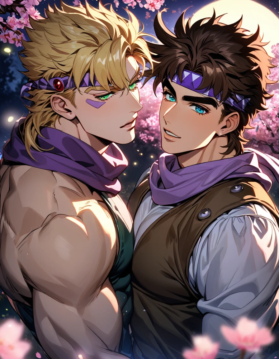 absurdres, highres, ultra detailed, HDR, master piece, best quality, Joseph Joestar, brown hair, expressive blue eyes, jojo's bizarre adventure, Caesar Anthonio Zeppeli, blonde hair, expressive green eyes, purple headband, purple scarf, two men together, gay couple, handsome, moon, fireflies, blossoms, spring, pink flowers 