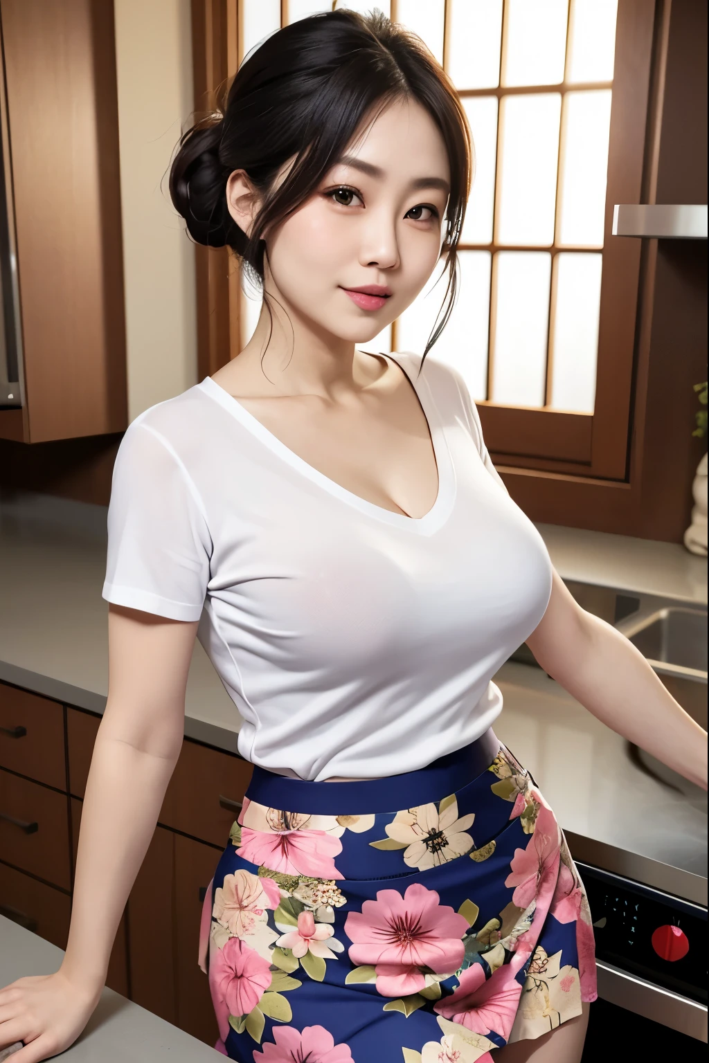 Beautifull, mother-in-law, japanese, tshirt knit v-neck, sexual expression, in the kitchen, voluptuous, high waist floral skirt