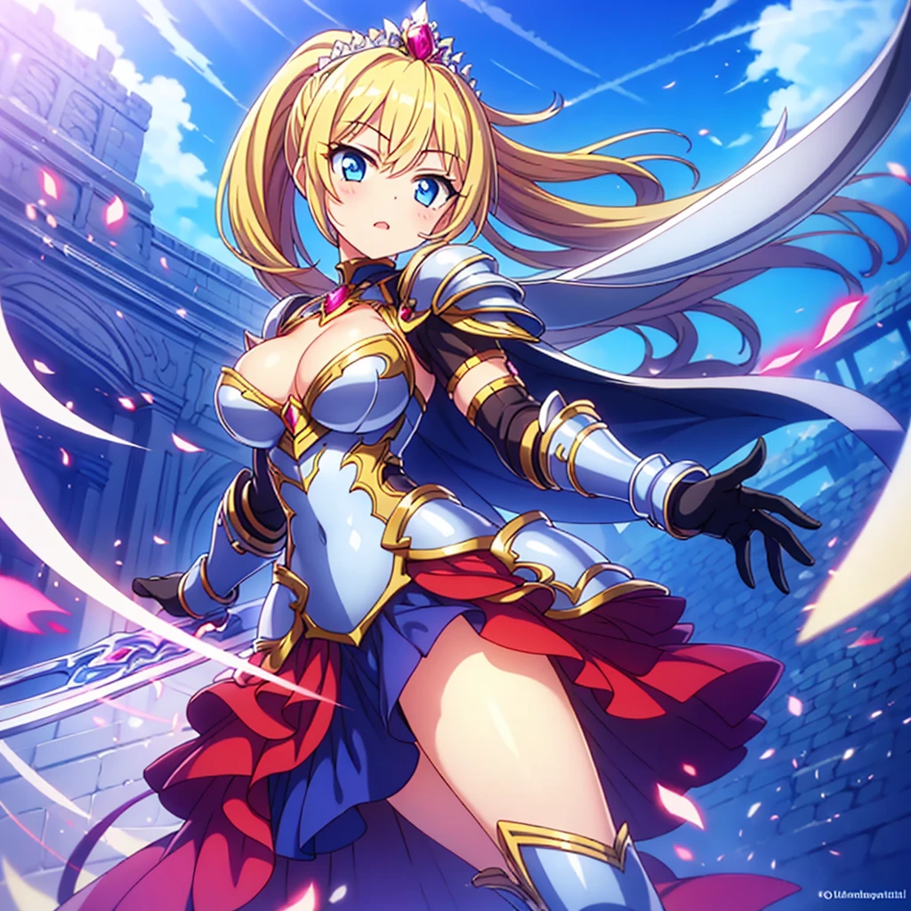 (masterpiece), highest quality, Expressive eyes, Perfect Face,One girl, Hold the sword above your head with both hands, a female knight in metal armor, red_Costume, white_armor,cropped shoulders armor, plate armor, armor dress,Gauntlet, Blonde,High Ponytail,blue eyes,Ruby Tiara,Cleavage, Thighs, Knee socks,  (From below:1.1), View your viewers, blue sky