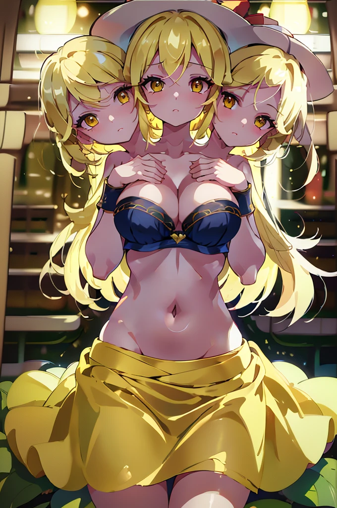 (masterpiece, best quality), best quality, (ultra-detailed), (3heads:1.5), 1girl, (kana anaberal:1.3), masterpiece, best quality, ultra quality, ultra resolution, ultra detail, white light blue top, crop top, ((stomach)), midriff, ((groin)), white and blue skirt, normal ears, shackles, blonde hair, very long hair, wavy hair, sidelocks, yellow eyes, parted lips, open belly, sweat, cute, toned belly, hand on own chest, eyelashes, (25 year old woman:1.3), (masterpiece:1.5), (best quality:1.5), (beautiful detailed), extremely detailed CG, extremely delicate and beautiful, depth of field, (finely detailed face), (perfect details:1.3), (mature female:1.3), wide pelvis, slender, large veiny breast, 16k resolution, highres, high quality, high definition, extremely detailed, masterpiece, blonde hair, long hair, alluring presence, braid, short skirt, close up, big tits, young, hat, hat ribbon,