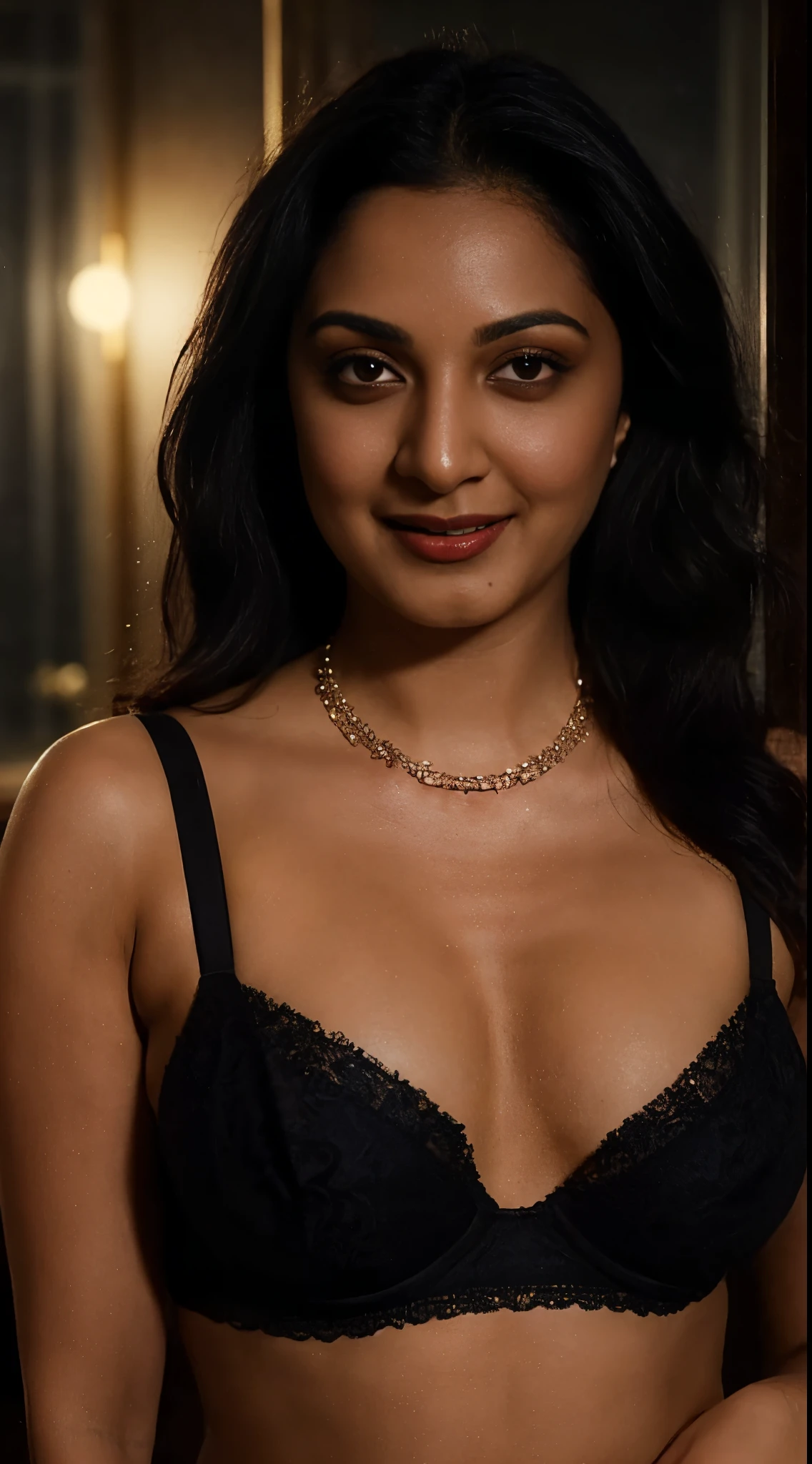 night scene, selfie, extreme close up photo of fully drunken Meera Jasmine, hourglass figure, seducing in bathroom, showing nipples, necklace, wearing black lace bra, sultry, look at viewer and seduce with luscious smile, (cinematic:1.3), intricate details, (ArtStation:1.2)