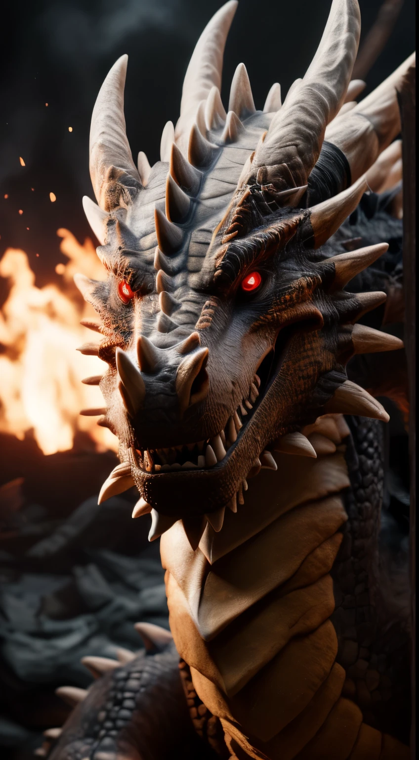 (best quality,16k,32k,highres,masterpiece:1.2),ultra-detailed,(realistic,photorealistic,photo-realistic:1.37),(The ultimate Orochi dragon) glowing red eyes realistic fire background of totally destroyed mountain alone looking at the camera serious expression. Broken wooden look