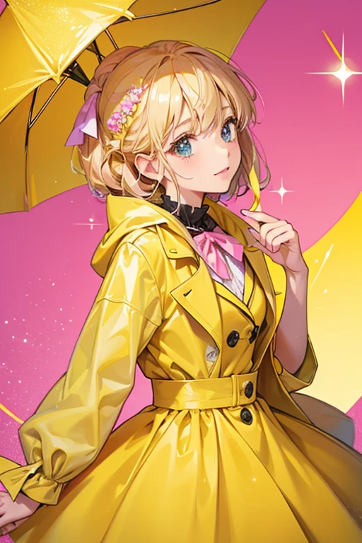 she wears a yellow raincoat with a pink ribbon on it. SPARKLE; GLITTER