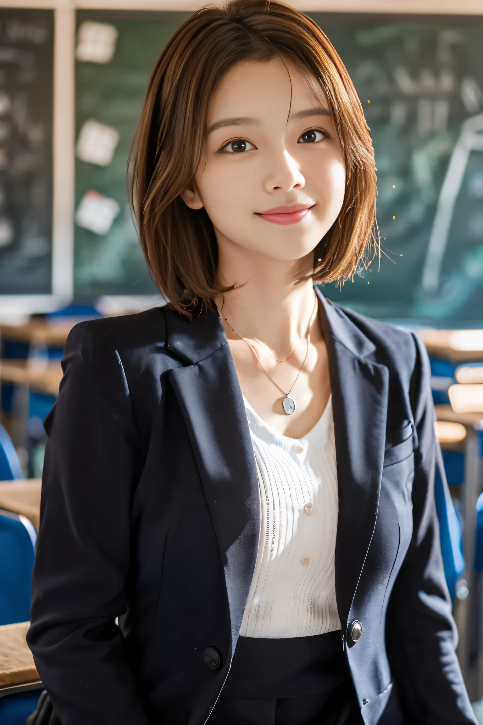 (A female teacher teaching a lesson in front of a blackboard in the classroom:1.5), (The best quality at its best:1.4), (Super detailed), (Very detailed CG unified 16k), Beautiful woman with perfect figure: 1.4, Sharp focus: 1.2, Very detailed, High-quality RAW color photos, Professional photography, Great face and eyes, cosmetics, (Amazingly beautiful girl), ((In a suit:1.5)), Sexy posture,(View from below), Realistic movie faces, Wide zoomed out view of head to foot length, Full body long view, Realistic, ((Realistic natural orange red hairstyle, Realistic blue eyes)), ( Short Bob Hair:1.5), (necklace:1.5)、, Very beautiful face, Perfect model beauty, Mouth swelling, Highly detailed face and skin texture, Fine grain, double eyelid, Medium chest, smile, Crack, west, (masterpiece), highest quality, High resolution, Very detailed, Blurred Background, Depth of written boundary, Cinema Lighting, Great legs, , Clear, well-maintained skin, (((Women make up the majority of the photo)))
