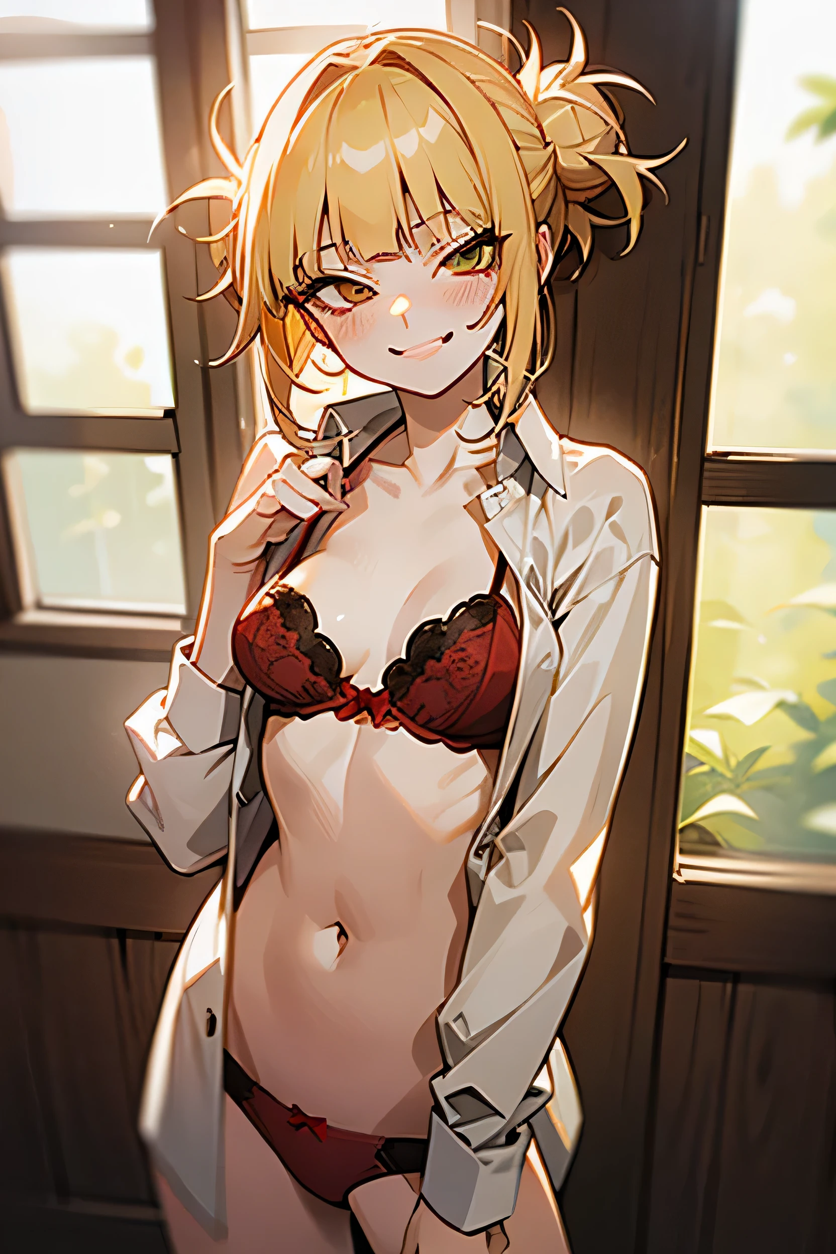 masterpiece, highest quality, highest quality, Super detailed, alone, Detailed face, Himiko toga, , Blonde, Smiling with teeth showing, Anime Style、Laughter, Seductive posture, Medium chest, Cowboy Shot, Are standing, Blurred background, Undressing, Change of clothes, Open shirt, Shirtless, Red Bra, Red panties, window, Medium chest, Mouth closed, sunlight, Backlight, whole body