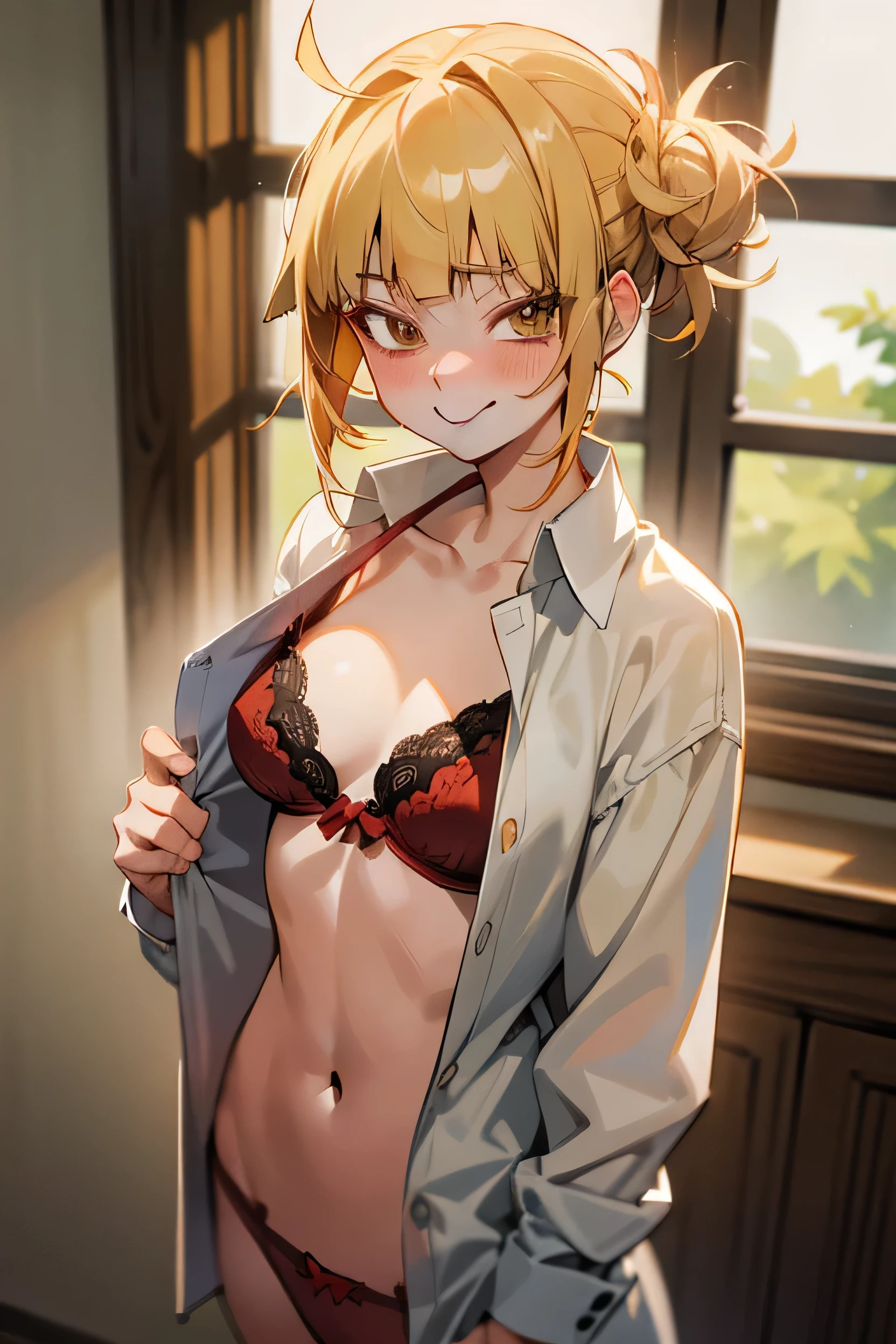 masterpiece, highest quality, highest quality, Super detailed, alone, Detailed face, Himiko toga, , Blonde, Smiling with teeth showing, Anime Style、Laughter, Seductive posture, Medium chest, Cowboy Shot, Are standing, Blurred background, Undressing, Change of clothes, Open shirt, Shirtless, Red Bra, Red panties, window, Medium chest, Mouth closed, sunlight, Backlight, whole body