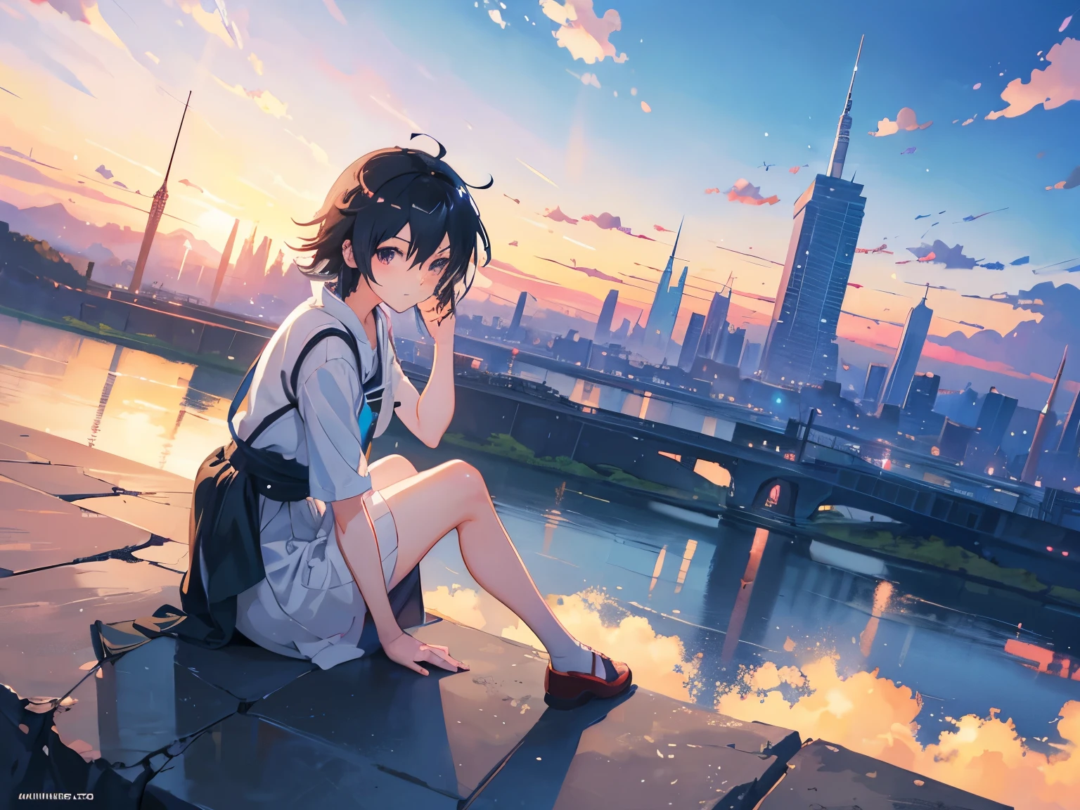 Anime girl sitting on a rock looking at the sky,Tower piercing the distant sky, Makoto Shinkai cyril rolando, Anime art wallpaper 4 k, Anime art wallpaper 4k, Cyril Rolando and Goro Fujita, Anime art wallpaper 8 k, Anime wallpaper 4K, anime wallpaper 4 k, Anime Wallpaper 4K, ( ( Makoto Shinkai ) ), Makoto Shinkai!