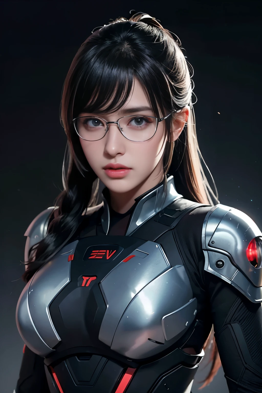 masterpiece,best quality,high resolution,8k,((portrait)),(Head close-up),original photo,real picture,Digital Photography,(赛博朋克风格的女性Special Forces战士),(Special Forces),20-year-old girl,Long Ponytail,By Bangs,Amazing amount of hair,Red eye hair),Large Breasts,Chest groove,(A wide variety of decorations,Holographic glasses of the future,Tactical helmets),Open lips,Keep your mouth smooth and attractive,Serious and arrogant,Calm and handsome,(Special Forces服装,Combat uniform,Combined Armor,Black),Photo poses,Cyberpunk Characters,Sci-fi style,Gray background,oc render reflection texture