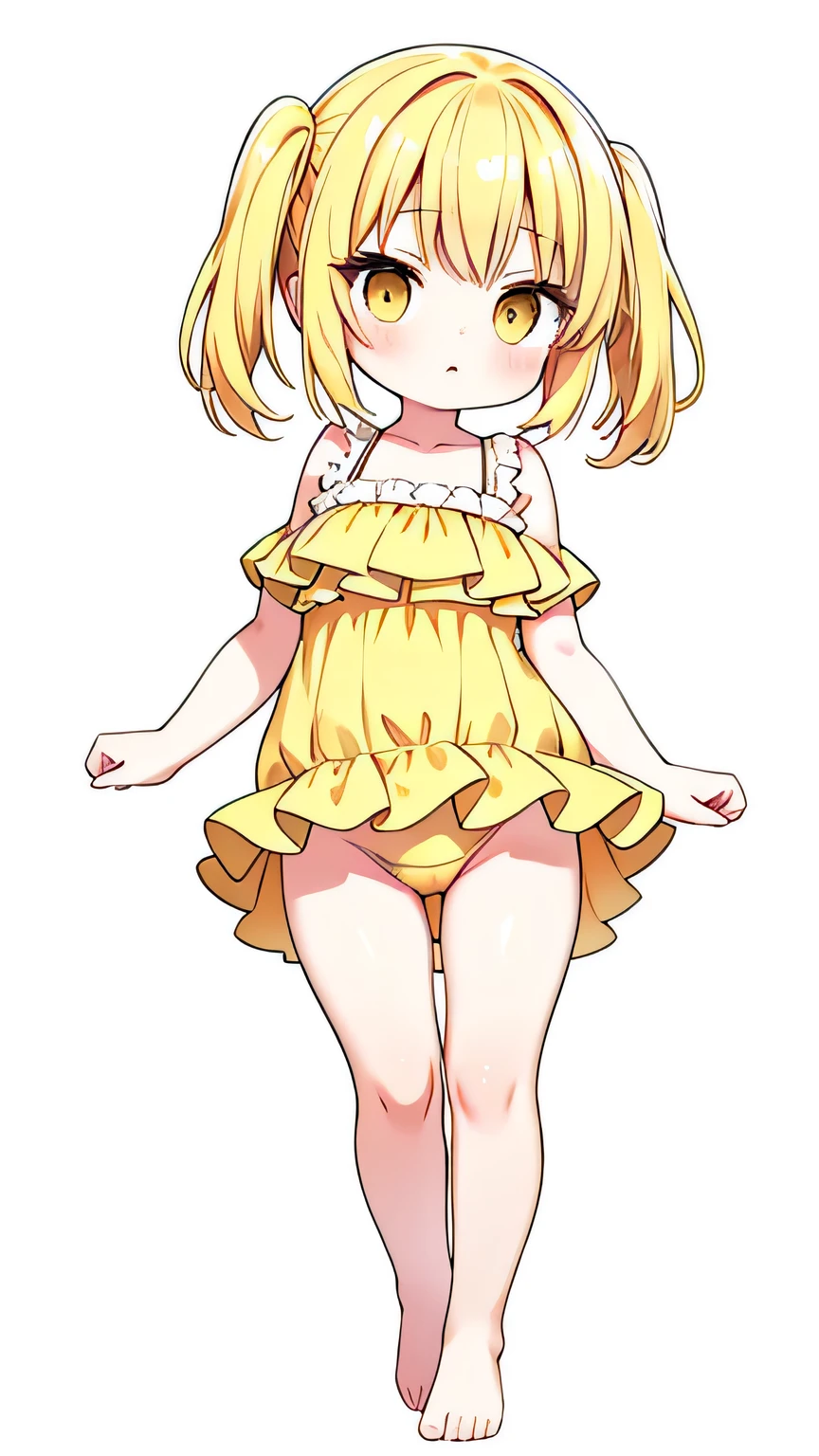 Full body, White background, Short, Yellow eyes, Yellow hair, Large breasts, Cute, Baby face, Swimsuit with frills, Standing, White background, No decorations, No background, Barefoot