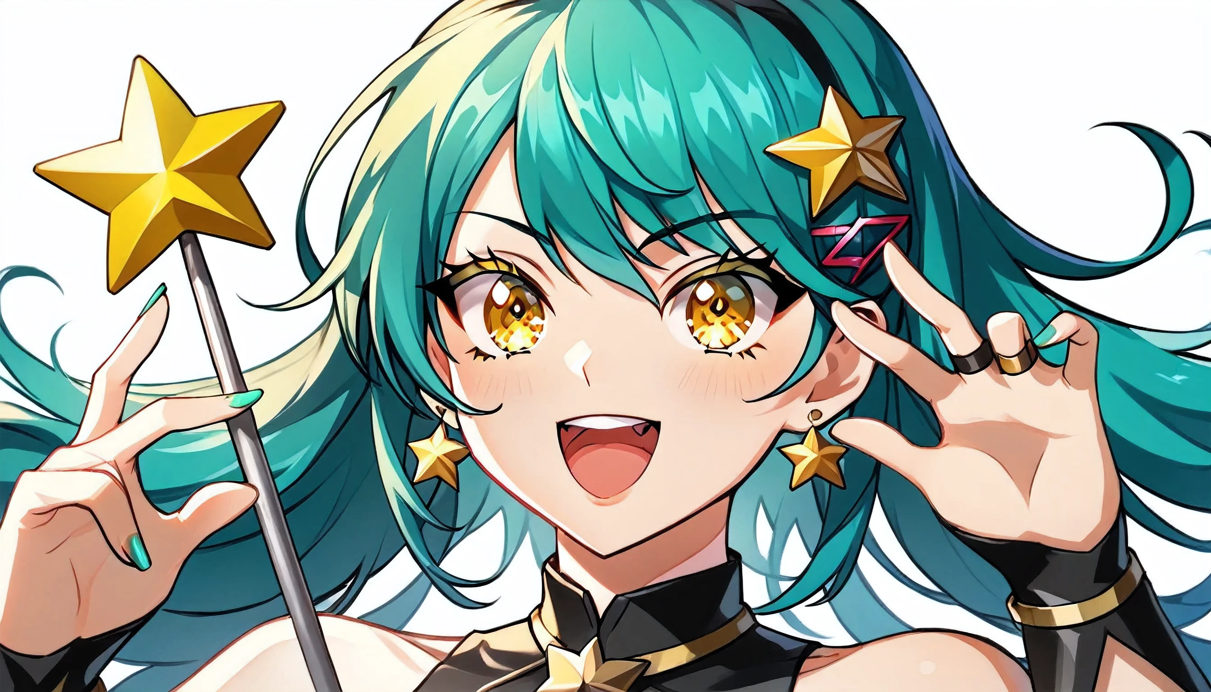 girl with long dark turquoise hair, perfect face, pretty yellow eyes, nice body, yellow star hairpin in her hair. 8k