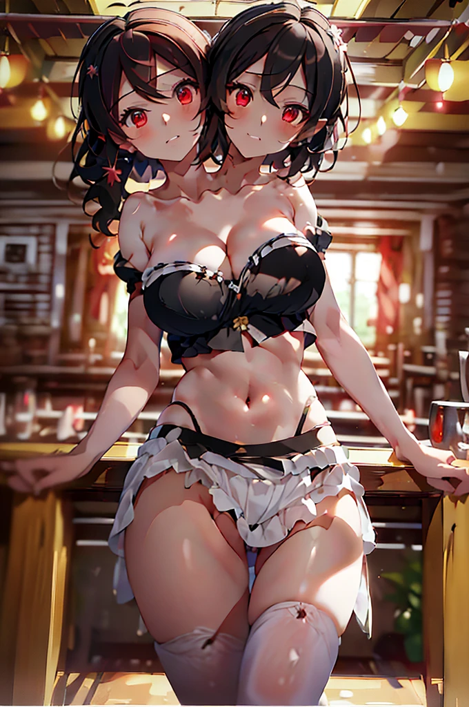 (masterpiece, best quality),best quality, (ultra-detailed), (3heads:1.5), 1girl, (shameimaru aya:1.3), masterpiece, best quality, ultra quality, ultra resolution, ultra detail, white top, crop top, ((stomach)), midriff, ((groin)), naval, black skirt, normal ears, shackles, brown hair, very long hair, wavy hair, sidelocks, red eyes, parted lips, sweat, cute, toned belly, hand on own chest, eyelashes, (24 year old woman:1.3), (masterpiece:1.5), (best quality:1.5), (beautiful detailed), extremely detailed CG, extremely delicate and beautiful, depth of field, (finely detailed face), (perfect details:1.2), (mature female:1.3), wide pelvis, slender, large veiny breast, 16k resolution, highres,high quality, high definition, extremely detailed, masterpiece, black hair, long hair, alluring presence, braid, short skirt, close up, big tits, young, bird wings, black ribbon,
