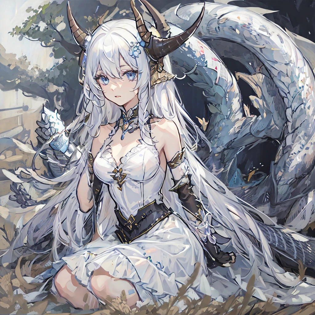 ((masterpiece)), ((bestquality)), (ultra-detailed), 1 girl, white hair, blue eyes, sitting, detailed face, dragonian_head, dragonian_body, dragonian_hairstyle, dragonian_horns, dragonian_tail, white long dress, black choker, silver circlet, grassland, clear line