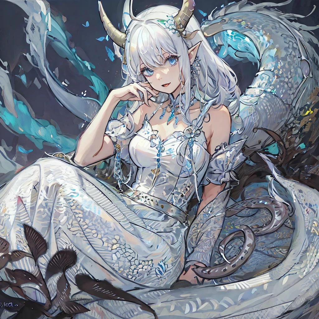 ((masterpiece)), ((bestquality)), (ultra-detailed), 1 girl, white hair, blue eyes, sitting, detailed face, dragonian_head, dragonian_body, dragonian_hairstyle, dragonian_horns, dragonian_tail, white long dress, black choker, silver circlet, grassland, clear line