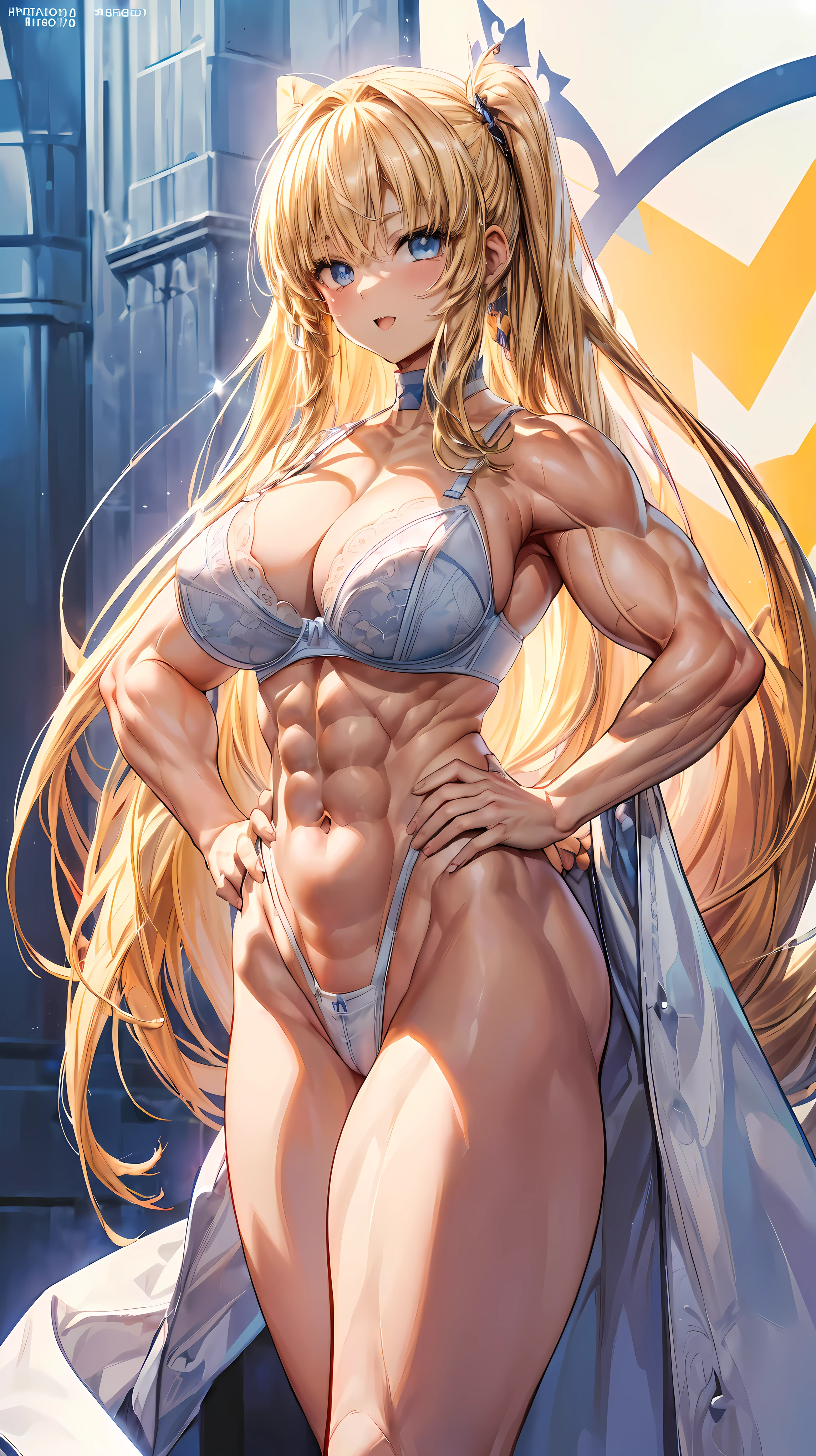Very detailed、highest quality、Best image quality、masterpiece、8k、Anime Face、A kind smile、(Open your mouth:1.3)、Sparkling blue eyes、(Blonde semi-long hair:1.5)、(Muscles of the whole body:1.3)、(highleg:2.0)、Thigh belt、(Cowboy Shot:1.5)、(SFW Giant)、(Thick body:1.2)、(bra:1.5)、(sxspnts)、(Hands on hips:1.1)