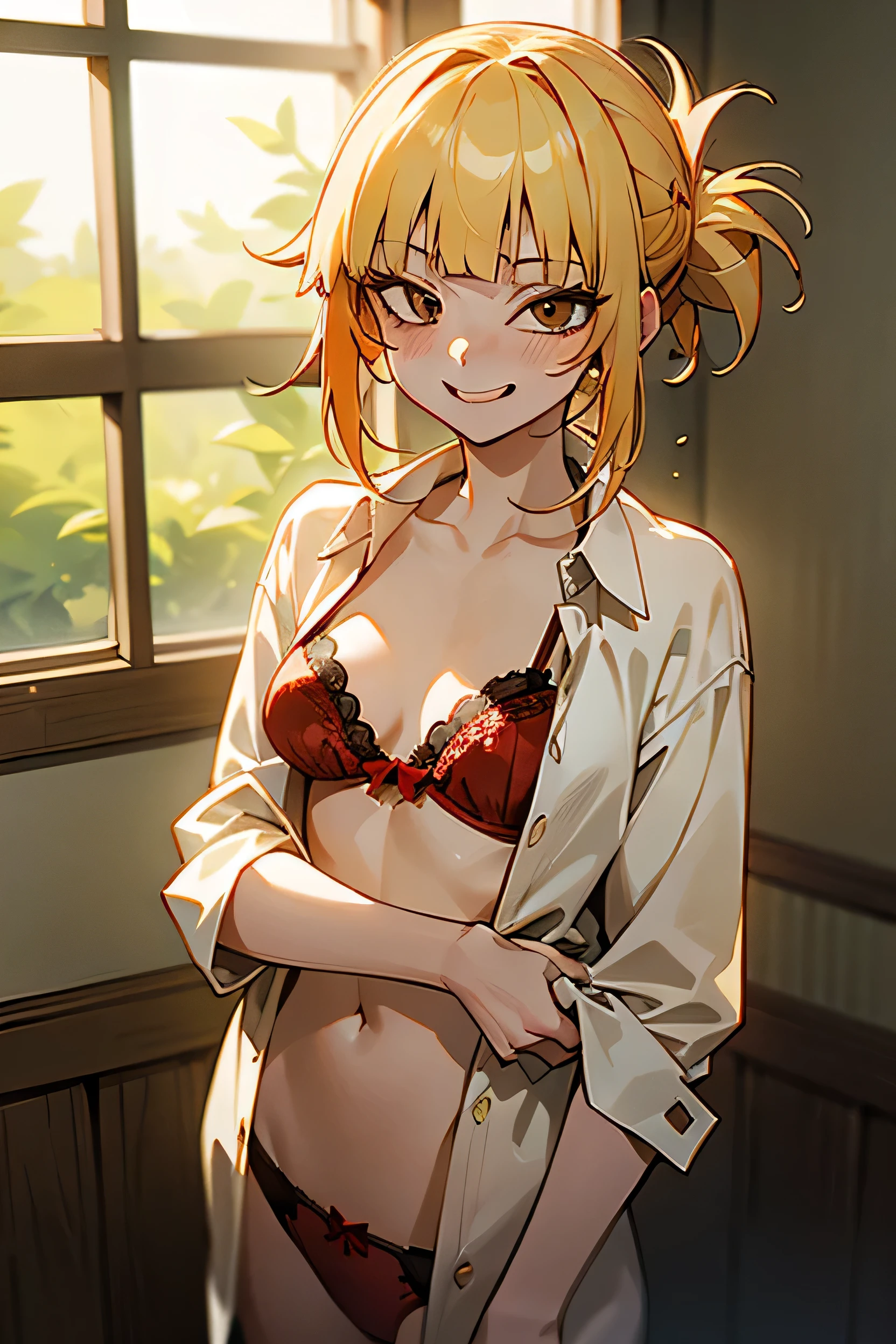 masterpiece, highest quality, highest quality, Super detailed, alone, Detailed face, Himiko toga, , Blonde, Smiling with teeth showing, psycho 笑face, Guess face, Anime Style, Laughter, Seductive posture, Medium chest, Cowboy Shot, Are standing, Blurred background, Undressing, Change of clothes, Open shirt, Shirtless, Red Bra, Red panties, window, Medium chest, Mouth closed, sunlight, Backlight, whole body