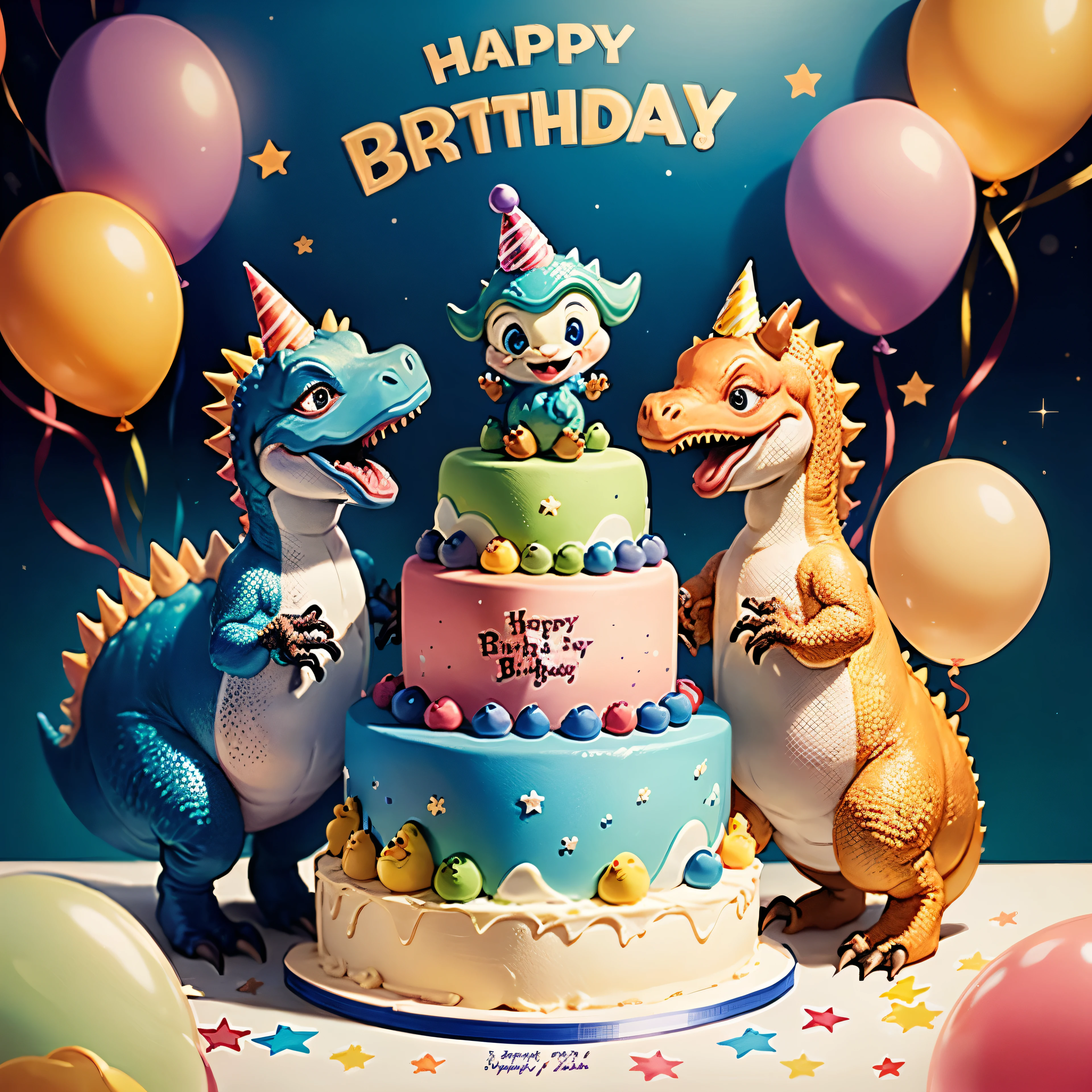 Four  dinosaurs celebrating a birthday around a beautiful blue double-decker cake, The party decoration has lots of colorful balloons and sparkling stars.