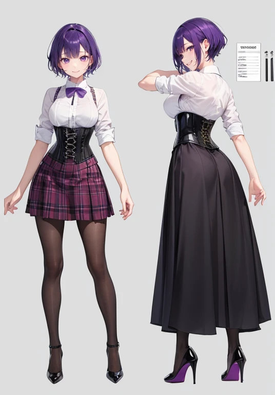 Purple hair,short cut,Adult female,Bartender,((Rolling up your sleeves shirt)),(Corset),(Tight skirt),High heels,((Simple background)),Smile,((Full body)),((whole body)),Character Sheet,