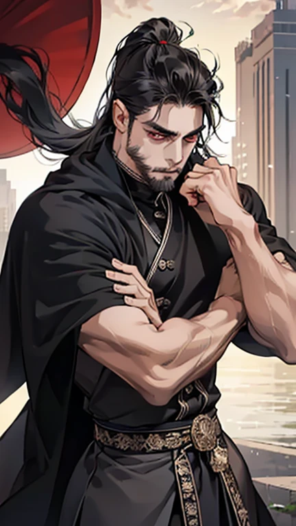 Handsome man with long hair（black color hair：1.5），black clothes，style of anime，Handsome and dashing（Handsome），Black Beard, Mustache, Attractive temperament，Impeccable。, black hair, Long Hair, Red eyes, Black Katana with red linings, Manly, Handsome, Masculine, Small Beard, Low ponytail, Young Male, Holding Black Katana, Manhwa, Webtoon, Serious face, Muscled Body, Black Cloak , Black Hood, Traditional, 2D, Anime, 8k, super detail, 4k, HD, anatomically correct