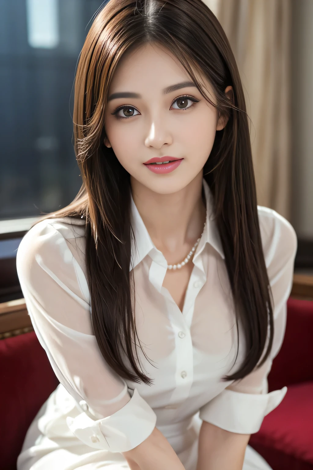 (RAW Photos), (Realistic), (masterpiece), (highest quality), High resolution, 8k, (Intricate details), (Volumetric Light), Portraiture, woman,Age 25, Medium Hair, Straight hair, Medium Chest, Layered Hair, Brown Hair, Very beautiful eyes, Source order, Very thin eyebrows, Very fine skin, Very beautiful mouth, Very nice nose, Cute like an idol, smile, (Thick lips), (Looking at the audience), (See-through pearl white collared dress shirt), Above the knee shot
