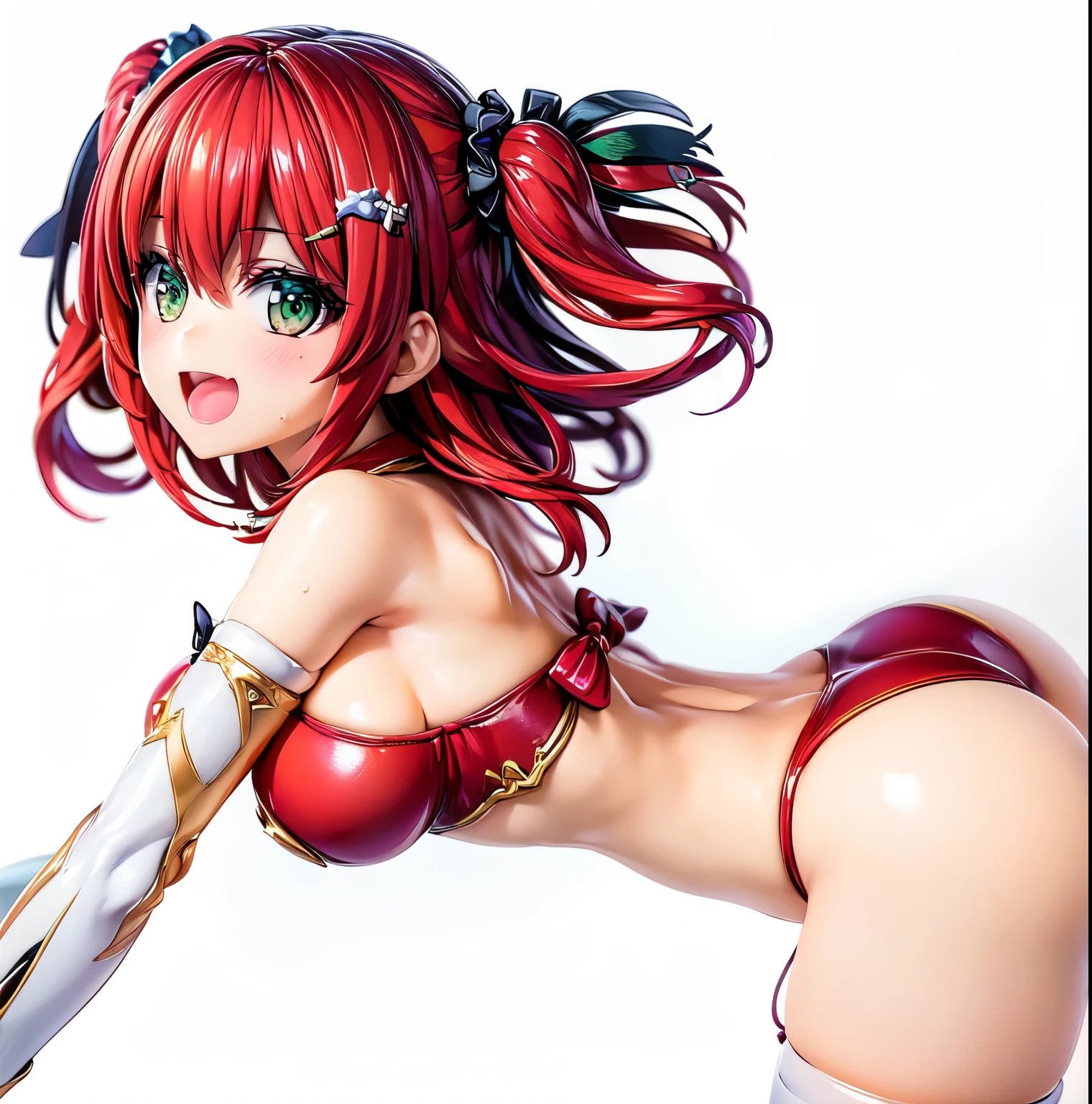 best quality, masterpiece, extremely detailed CG, official art , professional lighting, detailed background, sakimiyairuka, red hair, green eyes, one side up, medium hair, green scrunchie, hair ornament, gleaming skin, big breasts, big ass, playboy bunny,(black pantyhose, bowtie, wrist cuffs)