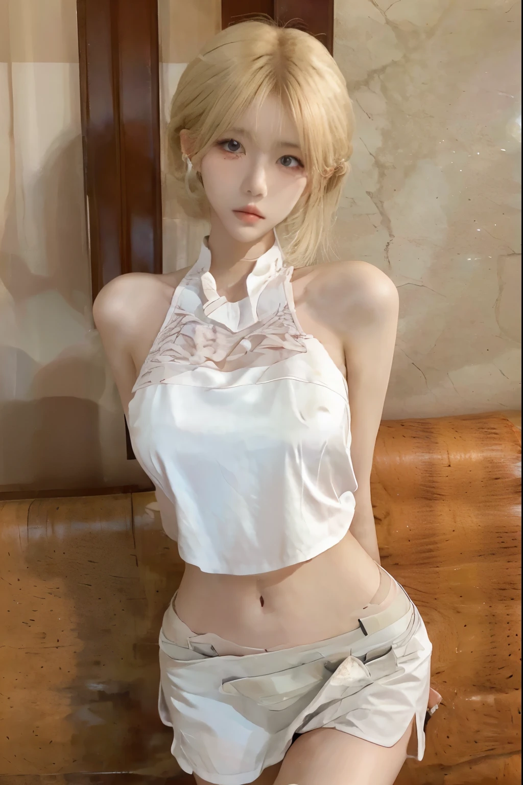 Beautiful woman with perfect body：1.4，Layered Hairstyle，Prominent cleavage，Highly detailed face and skin textures，Double eyelids，Skin Whitening，Long hair，Whitened long legs，blond，（Bellyband，miniskirt，White pantyhose）standing in living room