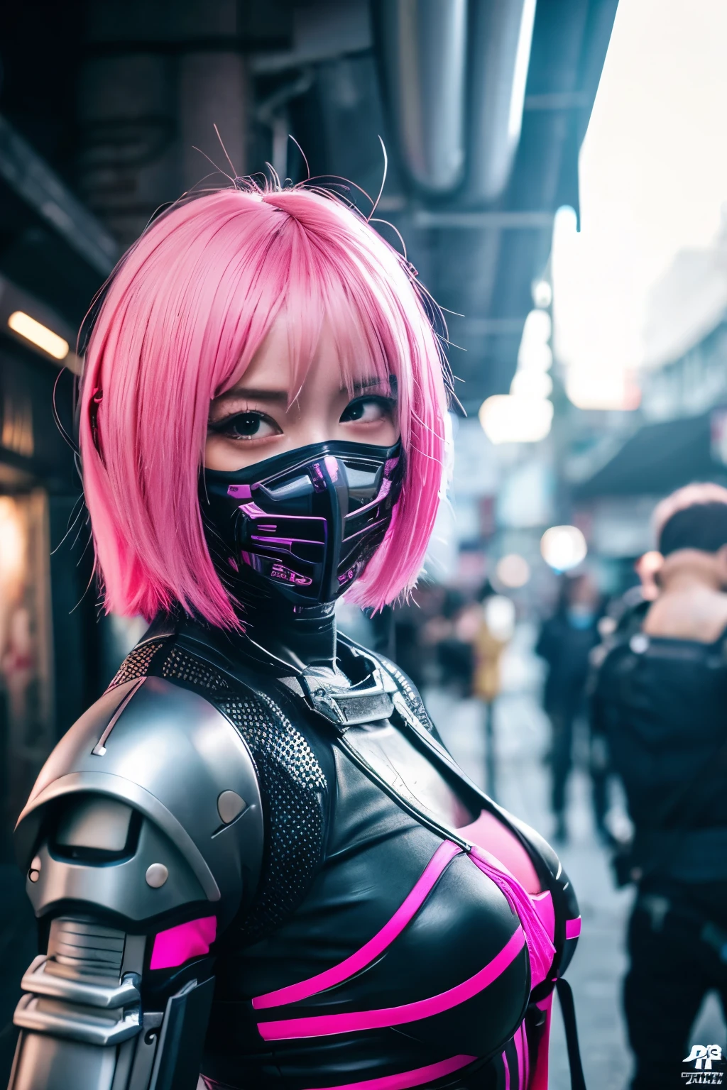 cyber punk、Pink Hair Girl、Armament、mask、knife、Battle Scenes