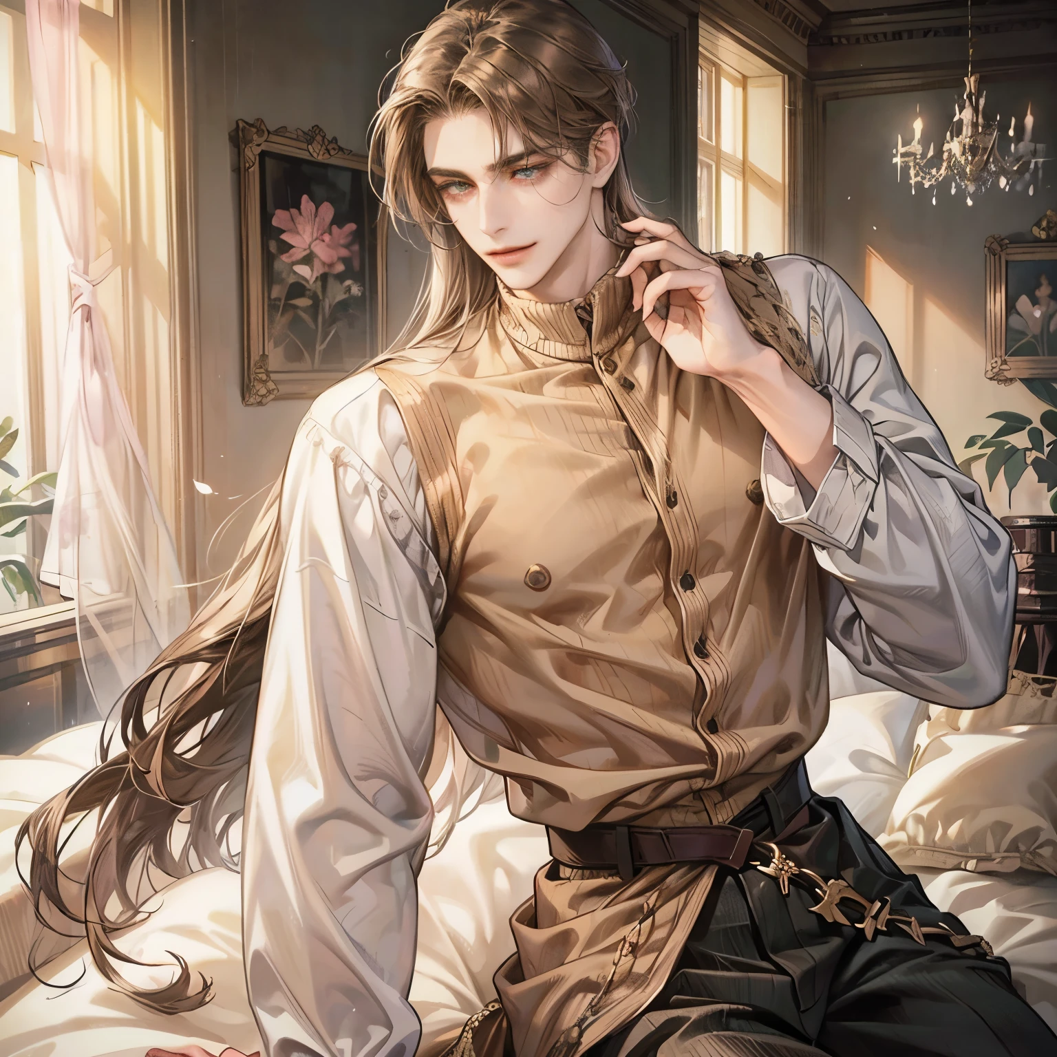 One man, male, soft eyes, undereye circles, soft features, manly, dark mauve hair, long hair, middle part, curtain bangs, bangs, tall, slender, muscular, broad shoulders, long eyelashes, kind, masculine but beautiful, brown eyes, pink lips, eye bags, smiling, manly, gentle, casual clothes, beige sweater, brown pants