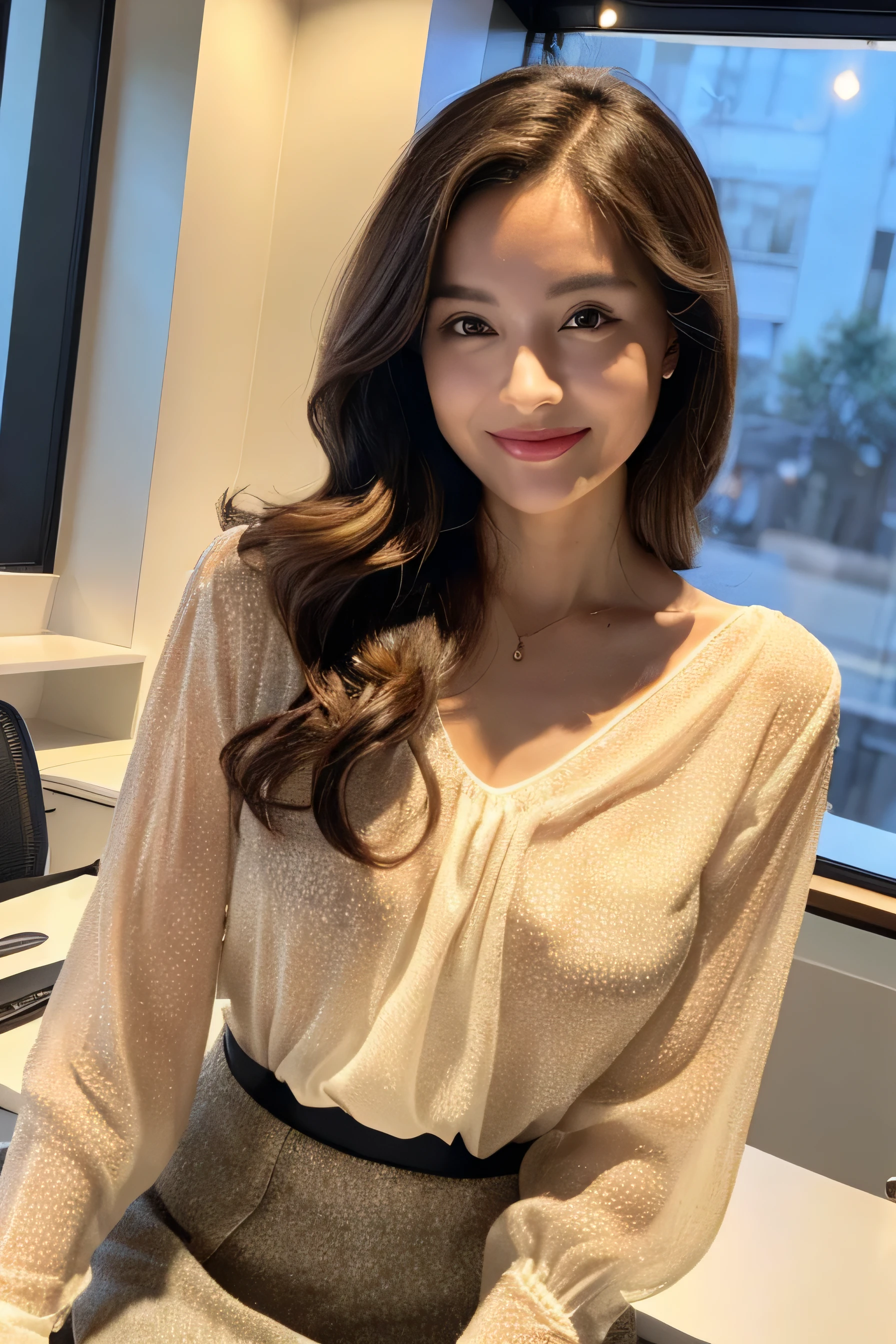 Beautiful detailed face、Pale skin、Realistic glowing skin、Detailed cloth texture、Detailed hair texture、Perfect body、Beautiful Face、correct、Anatomically correct、 Highly detailed face and skin texture、Natural neck length、(Beautiful Hands)、(Fair skin:1.2)、Thin legs、Thin legs、 Break Fine Eyes、Symmetrical eyes、Light brown eyes、double eyelid、Thin eyebrows、(Glossy Lips:1.4)、((Gentle smile:1.2))、(blush:1.1)、 break (Elegant and cute girl:1.3)、Medium-sized large breasts、(Slim body type:1.1)、Toned Abs、Beautiful clavicle、 (Dark Blonde、Wavy Hair、Long Hair:1.2)、full figure supermodel standing, entire body in frame、full body portrait､((White long sleeve buttoned blouse_Brown tweed mini skirt:1.3)), ((In a stylish office at night:1.4))、(Cowboy Shot:1.2)