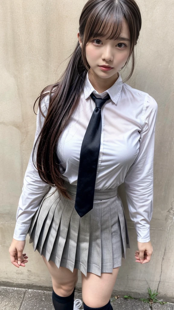 muste piece, best quality, illustration, Super detailed, fine details, High resolution, 8K,wall paper, perfect dynamic composition,(Details High quality, realistic depiction of eyes:1.3), facial features, has an extremely sexy body, with full breasts and a thin waist, and an extremely sexy body, skirt, socks, sneakers, shoes, white footwear, black socks, pleated skirt, kneehighs, white shirt, blue necktie, long sleeves, vest, collared shirt, ,has a bold look., ponytail, Long hair, black hair color, Big Natural Color Lip, perfect body shape, sexy pose, crying a little、cold gaze, Harajuku style、20 year old girl、cute type、lolita, hposing Gravure Idol, full body photo、focus on crotch, huge breasts, (standing)
