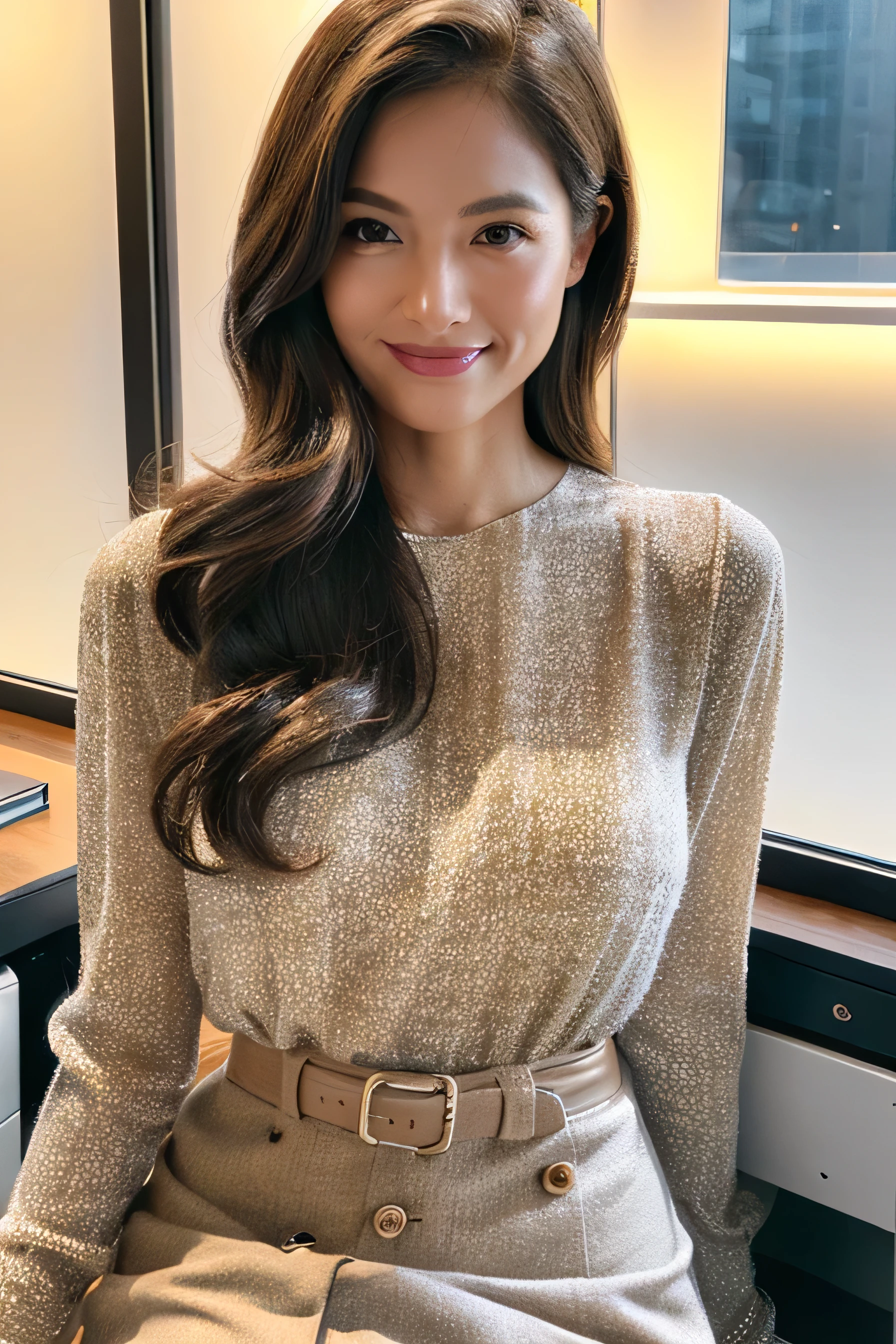 Beautiful detailed face、Pale skin、Realistic glowing skin、Detailed cloth texture、Detailed hair texture、Perfect body、Beautiful Face、correct、Anatomically correct、 Highly detailed face and skin texture、Natural neck length、(Beautiful Hands)、(Fair skin:1.2)、Thin legs、Thin legs、 Break Fine Eyes、Symmetrical eyes、Light brown eyes、double eyelid、Thin eyebrows、(Glossy Lips:1.4)、((Gentle smile:1.2))、(blush:1.1)、 break (Elegant and cute girl:1.3)、Medium-sized large breasts、(Slim body type:1.1)、Toned Abs、Beautiful clavicle、 (Dark Blonde、Wavy Hair、Long Hair:1.2)、full figure supermodel standing, entire body in frame、full body portrait､((White long sleeve buttoned blouse_Brown tweed mini skirt:1.3)), ((In a stylish office at night:1.4))、(Cowboy Shot:1.2)