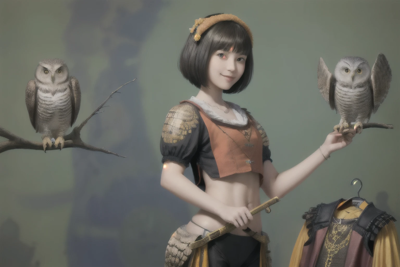 224 Short Hair, 20-year-old woman, A kind smile, (There are also colorful owls), (Rembrandt-style painting), ((machinery suit,Clothes with short sleeves)),I can see your abs