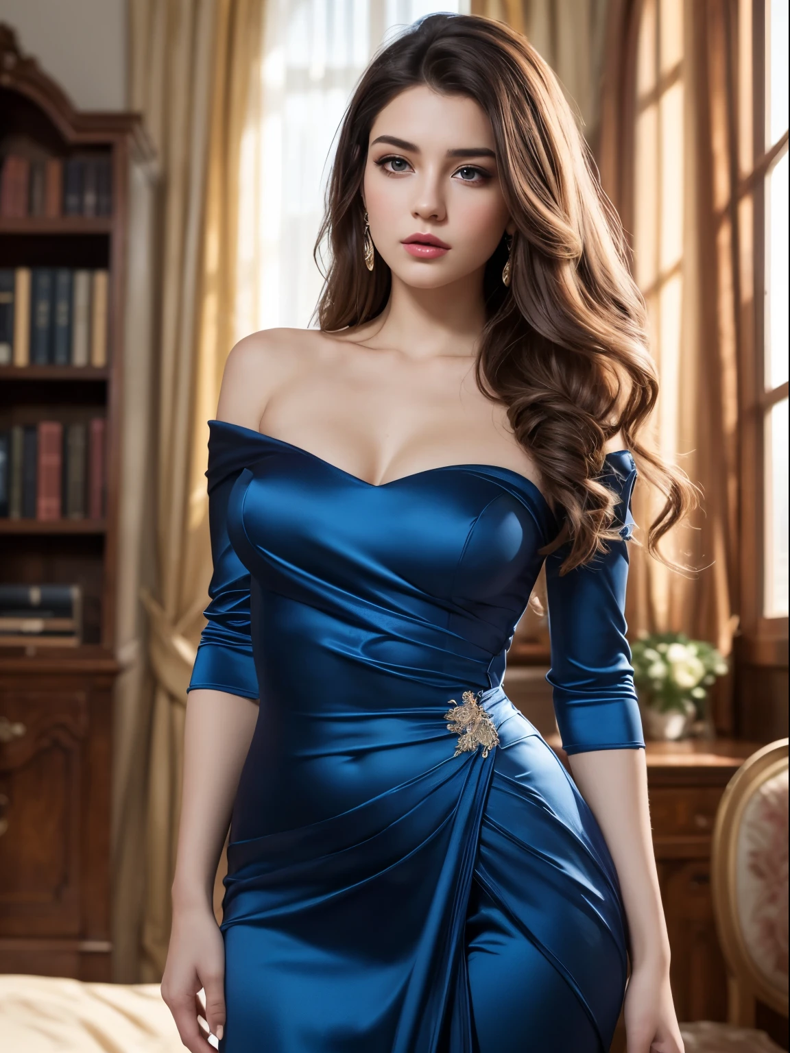 (Best quality,8K,A high resolution,Masterpiece:1.2, DSLR, 16k ),Ultra-detailed,(Realistic,Photorealistic,photo-realistic:1.37),Portrait, Creative style artwork, Historical, classical, Sophisticated, plethora of colors ,Highly detailed, Soft lighting, luxurious environment , there is young woman , girl wearing a blue silk classy royal dress, performing a music video, slim fit (oval perfect shape, asymmetrical face structure, perfect proportion, almond eye type, hazal eye color, detailed eyes, red hair color, 32 inch breasts, hourglass figure, slim body, pale white skin tone ,sexy girl, 22 years old, soft wavy hair, looking away, attitude expression, professional makeup, pink lips)