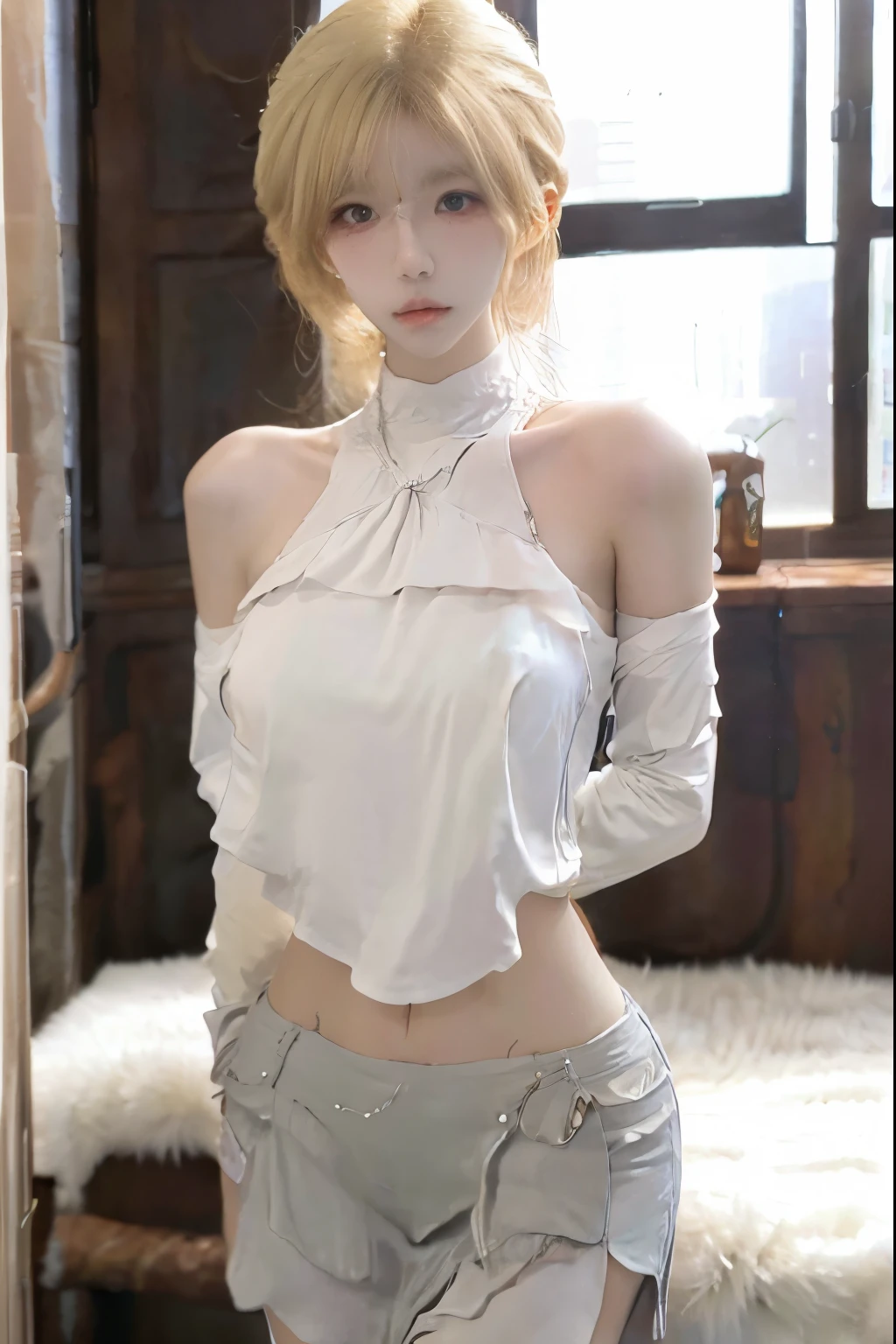 Beautiful woman with perfect body：1.4，Layered Hairstyle，Prominent cleavage，Highly detailed face and skin textures，Double eyelids，Skin Whitening，Long hair，Whitened long legs，blond，（Bellyband，miniskirt，White pantyhose）standing in living room