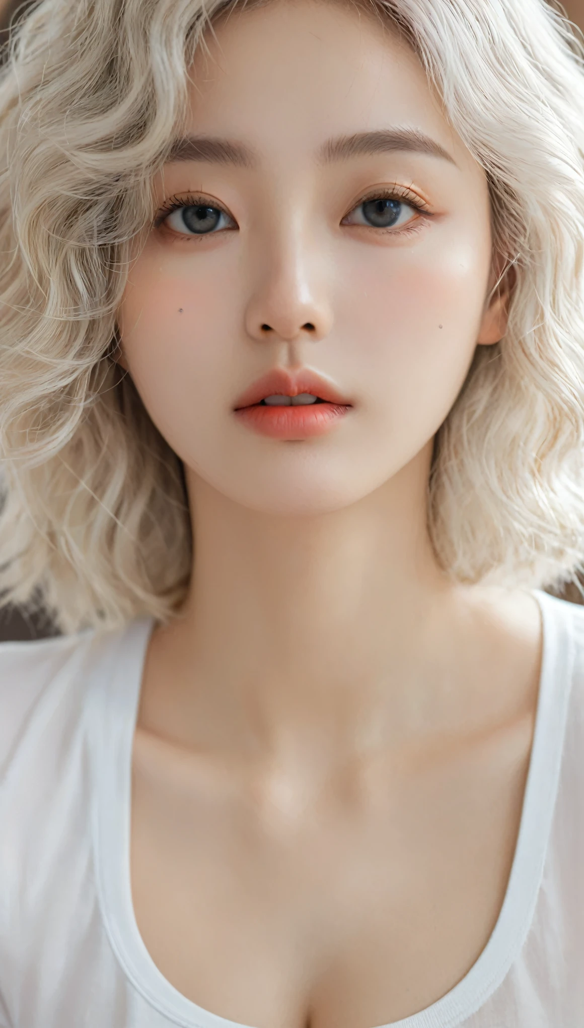 (Surrealism), (illustration), (high resolution), (8k), (Extremely detailed), (best illustration), (Beautiful and delicate eyes), (best quality), (Super detailed), (masterpiece), ( wallpaper), (Delicate face), Solitary, 1 girl, white curly hair, Korean, Heterochromic Eyes, There is a small mole under the eye, Loose white shirt, Yoga Pants, Large Breasts, Long legs, tight abdominal muscles, camel toe, Dynamic poses