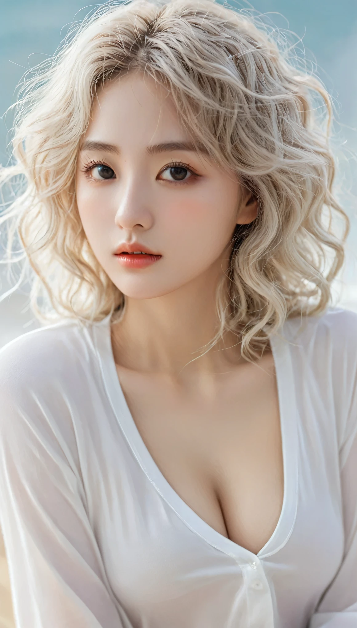 (Surrealism), (illustration), (high resolution), (8k), (Extremely detailed), (best illustration), (Beautiful and delicate eyes), (best quality), (Super detailed), (masterpiece), ( wallpaper), (Delicate face), Solitary, 1 girl, white curly hair, Korean, Heterochromic Eyes, There is a small mole under the eye, Loose white shirt, Yoga Pants, Large Breasts, Long legs, tight abdominal muscles, camel toe, Dynamic poses