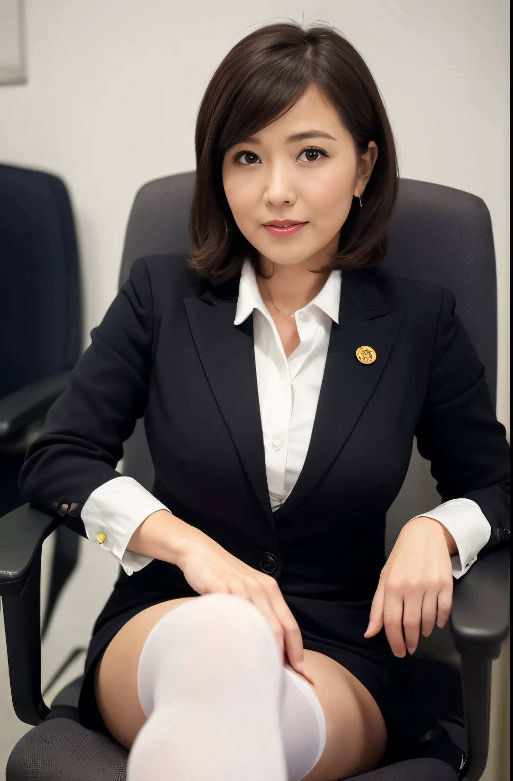 ((masterpiece, Better Quality, hight resolution, Photorealsitic:1.4, Raw photography, high quality image)), ((portrait:1)), 1Milf sitting on office chair, wearing business suit, black stocking, curvy shape:0.5, very detailed and professional lighting, (cute facial expressions),