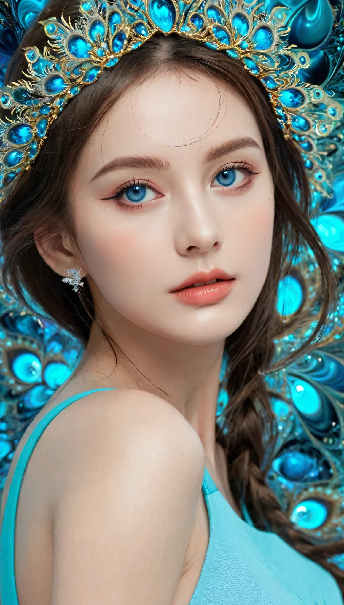 (masterpiece, top quality, best quality, official art, Beauty and aesthetics: 1.2), (1 Girl: 1.3), (Fractal Art: 1.3), Vibrant aqua blue eyes, #1: Medium-Length Hair with Fringe, Nude center